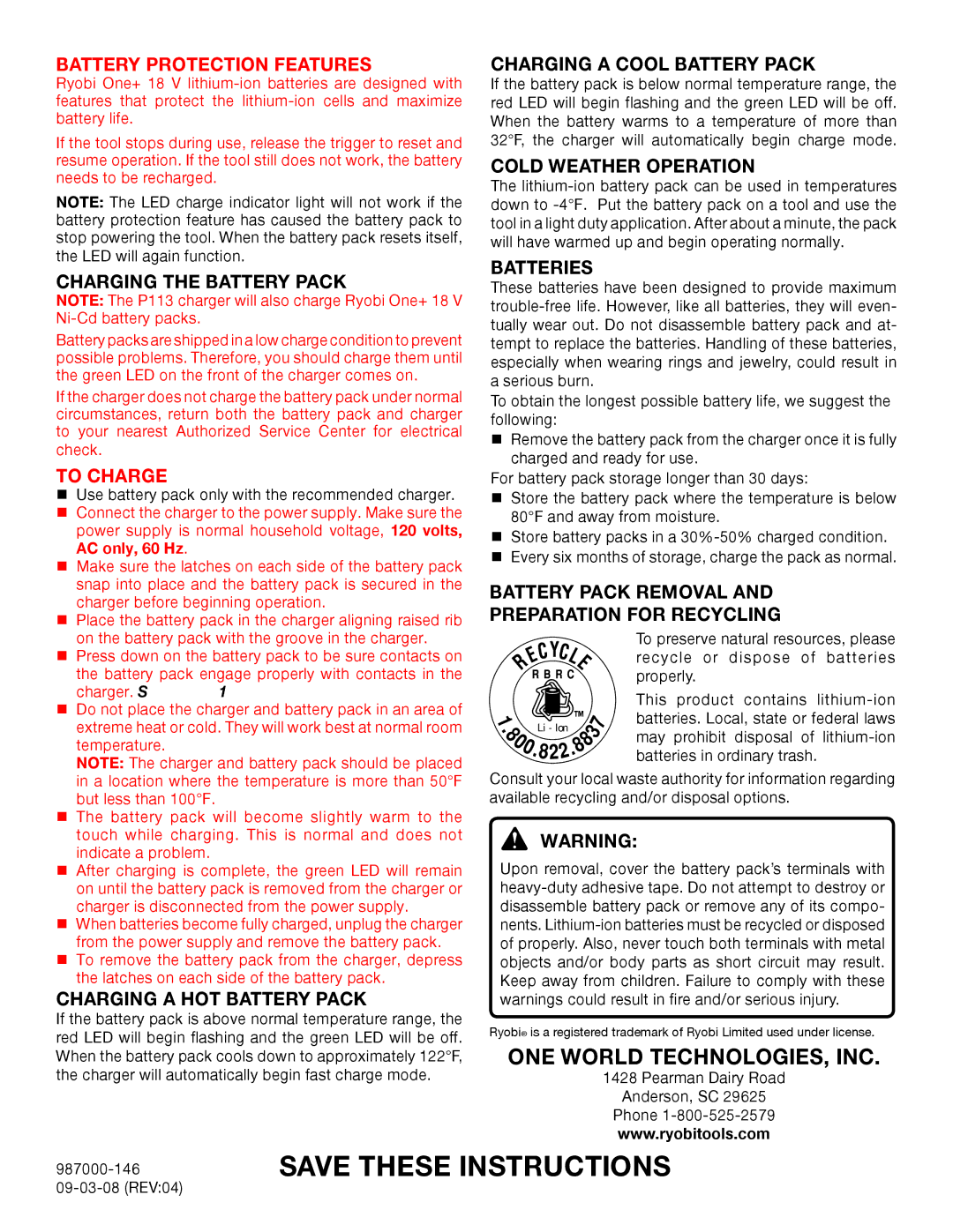 Ryobi 130429001 Battery Protection Features, Charging the Battery Pack, To Charge, Charging a HOT Battery Pack, Batteries 