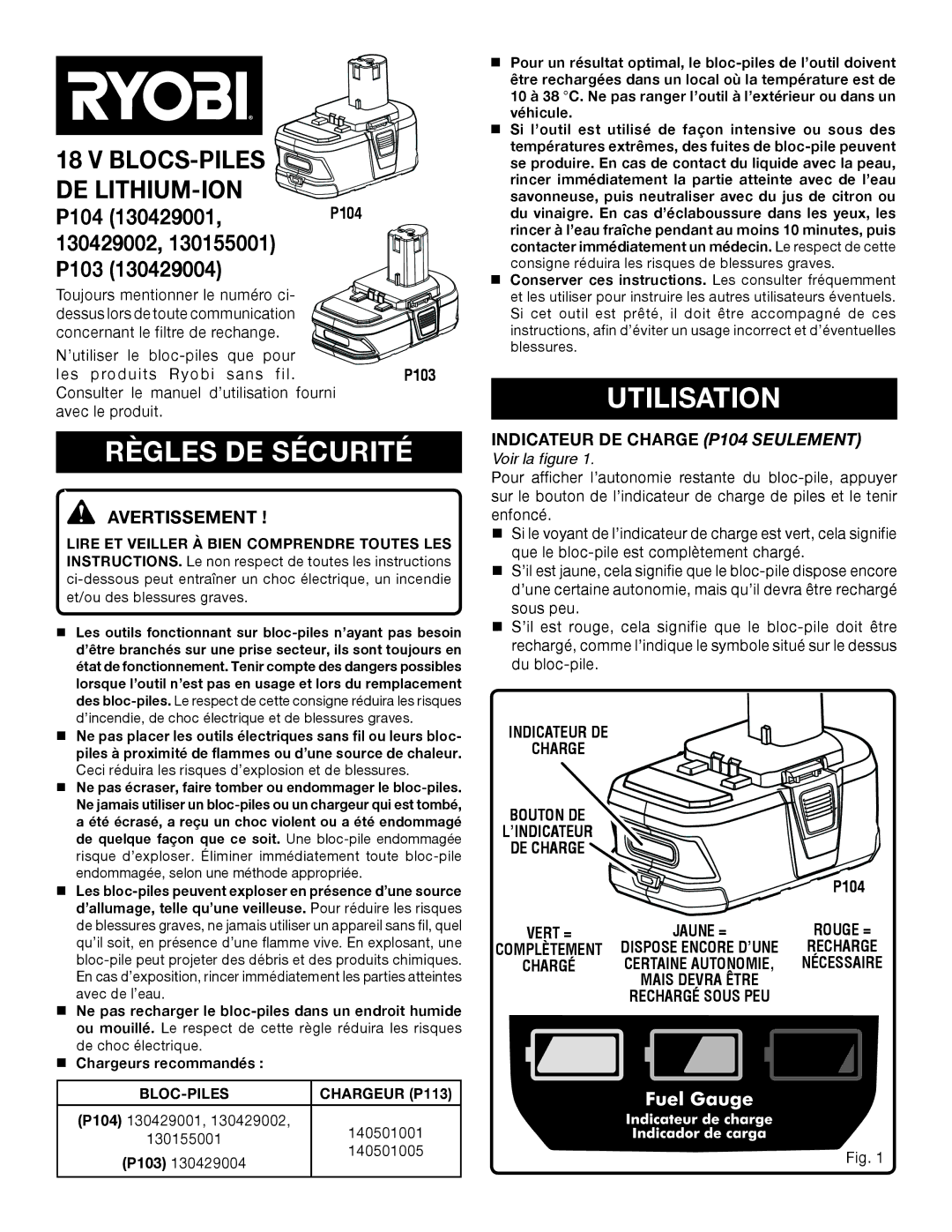 Ryobi 140501001, 140501005, 130429001, 130429004, 130155001 De Lithium-Ion, BLOCs-PILES, P104, 130429002 P103, Avertissement 