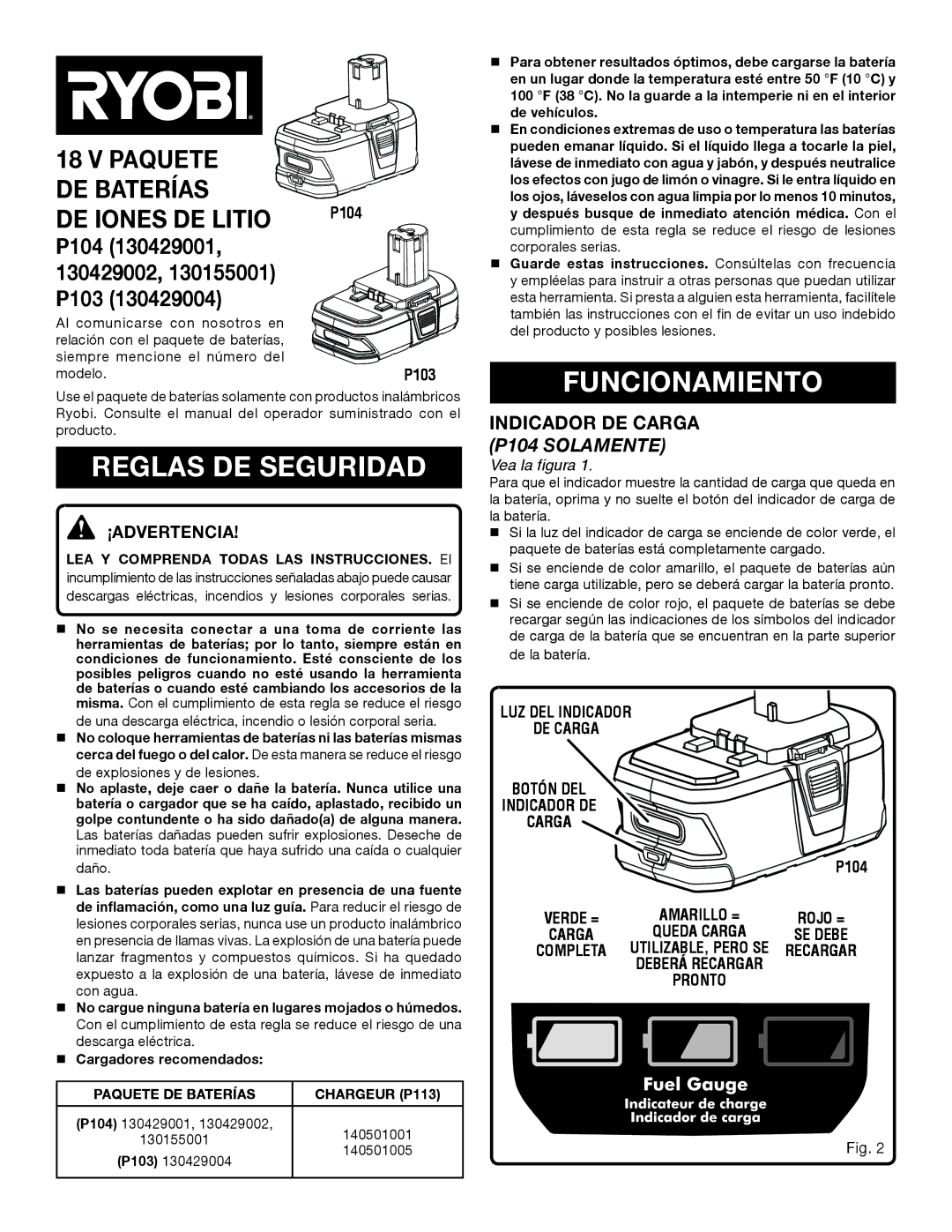 Ryobi P103 Reglas de seguridad, Funcionamiento, DE Iones DE Litio, Indicador de carga P104 solamente, ¡Advertencia 