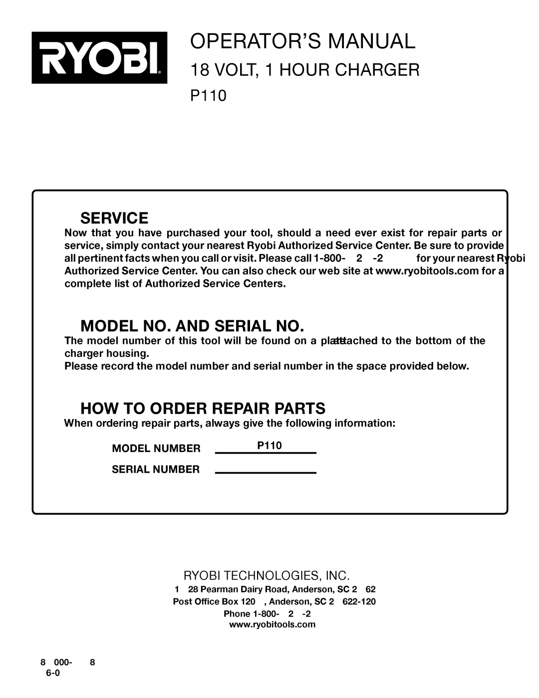 Ryobi P110 manual Service Model NO. and Serial no 