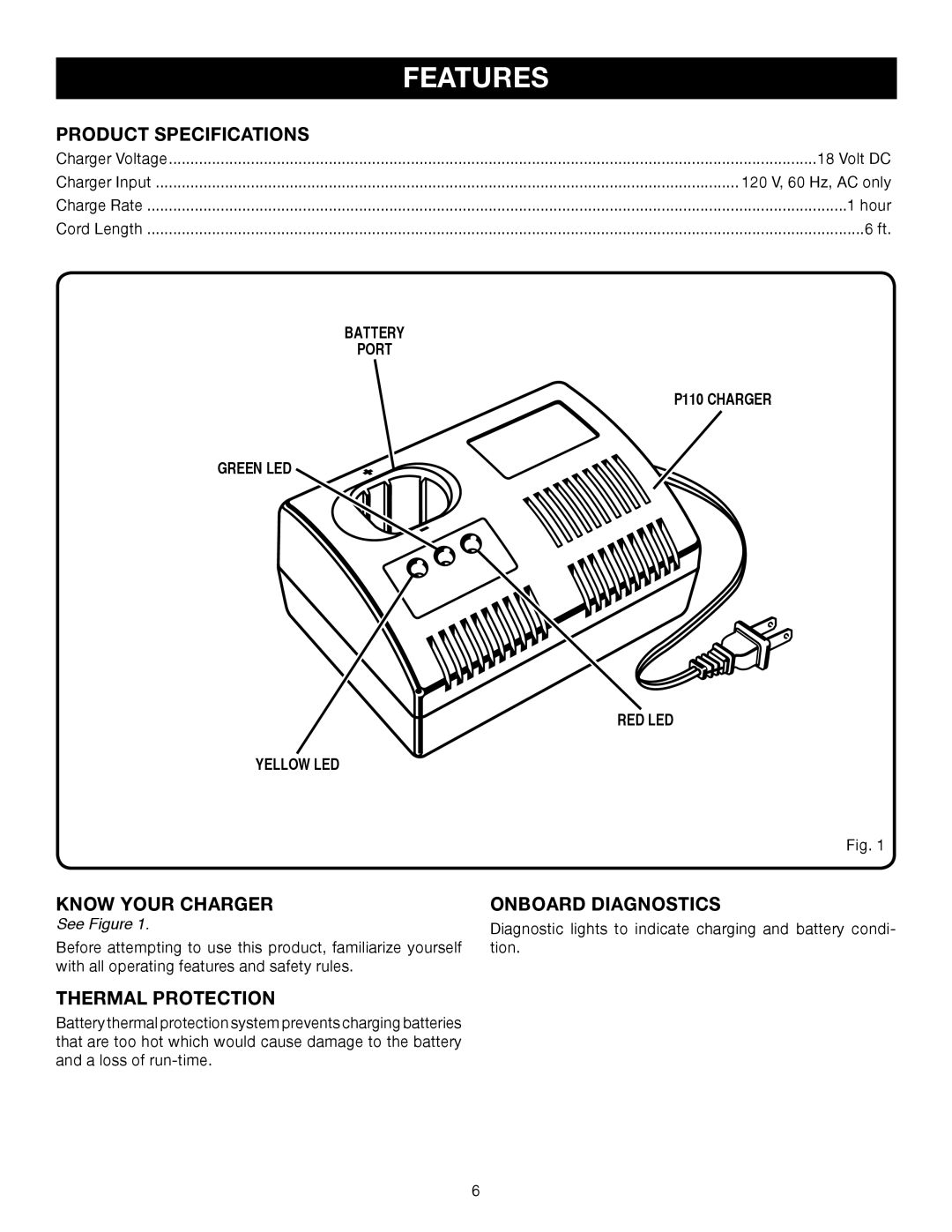 Ryobi P110 manual Product Specifications, Know Your Charger, Onboard Diagnostics, Thermal Protection 