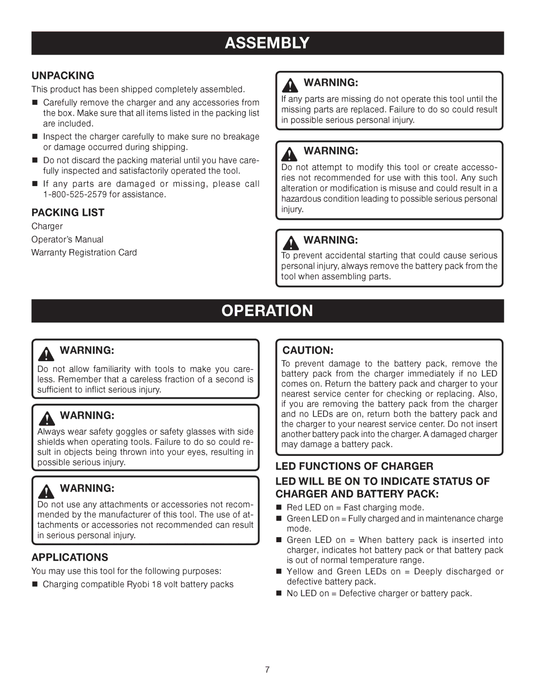 Ryobi P110 manual Assembly, Operation, Unpacking, Packing List, Applications 