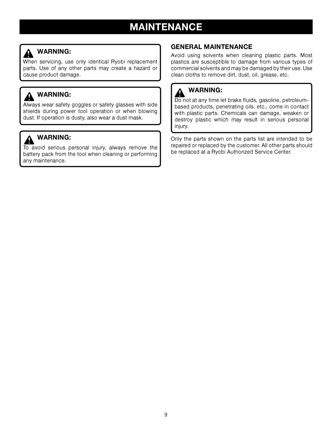 Ryobi P110 manual General Maintenance 