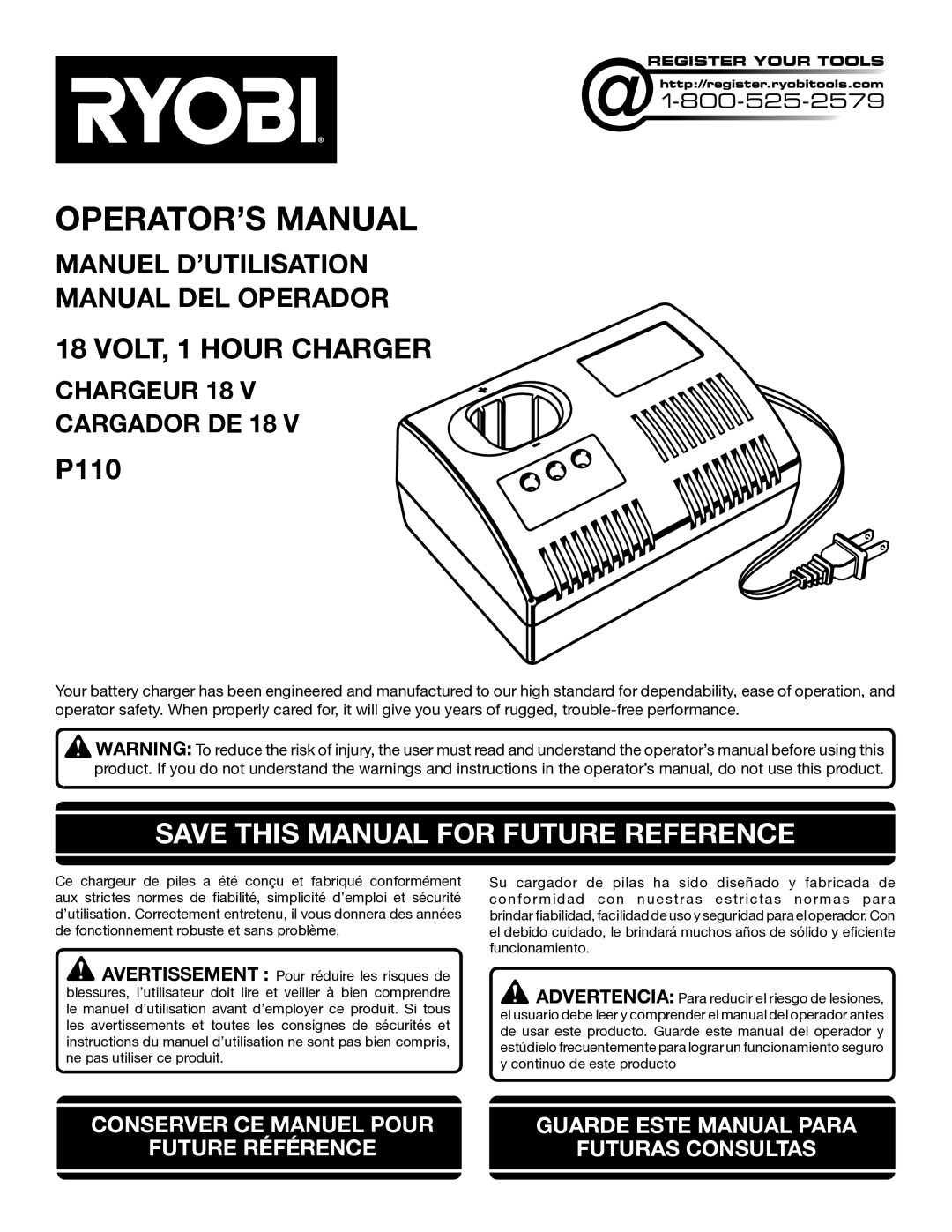 Ryobi P110 manuel dutilisation OPERATOR’S Manual, Save this Manual for Future Reference 