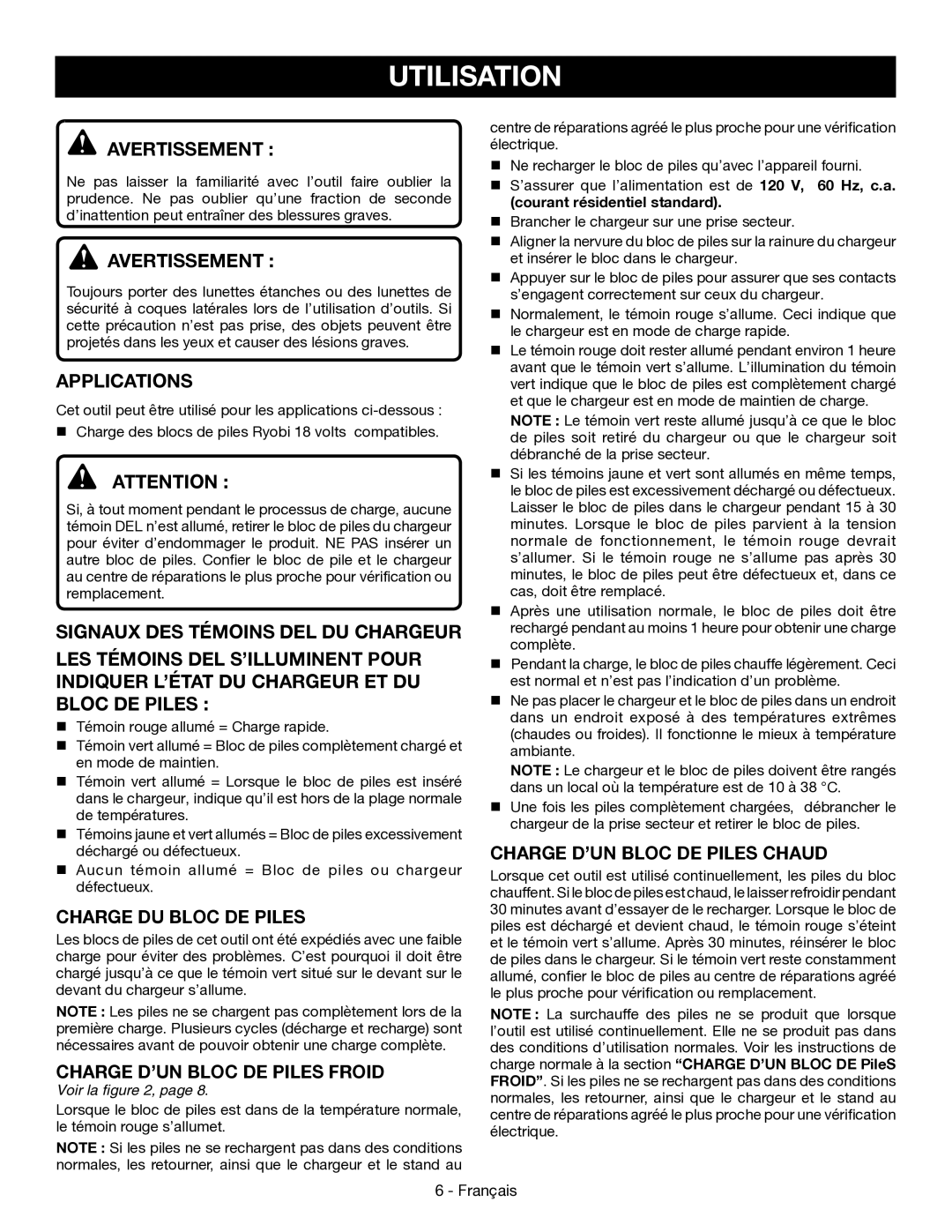 Ryobi P110 manuel dutilisation Utilisation, Signaux DES Témoins DEL DU CHARGEUR 