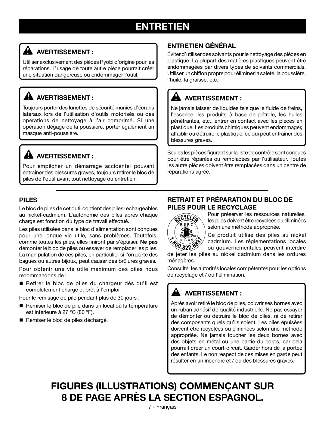 Ryobi P110 manuel dutilisation Entretien Général, Retrait ET Préparation DU Bloc DE PileS Pour LE Recyclage 