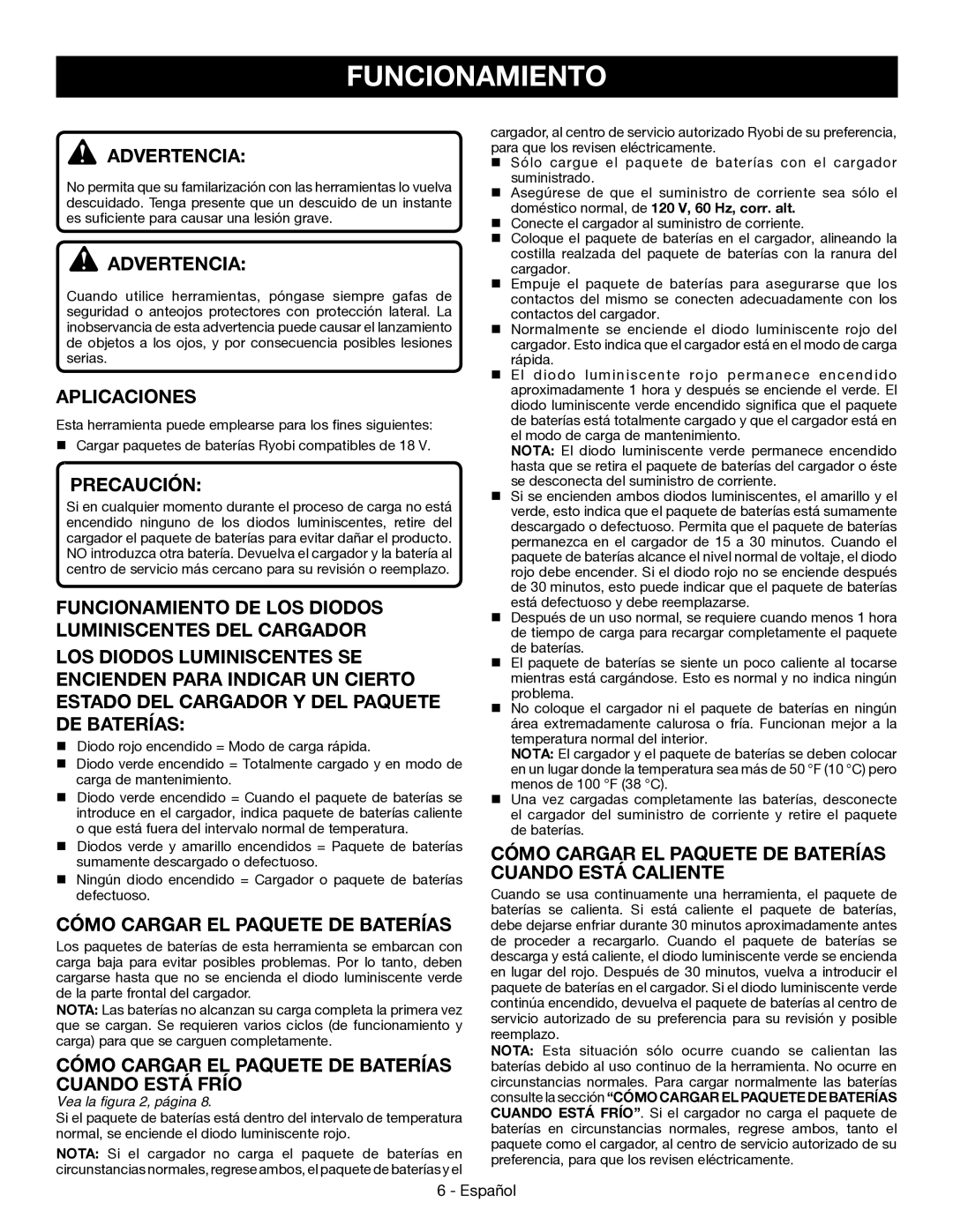 Ryobi P110 manuel dutilisation Aplicaciones, Funcionamiento DE LOS Diodos Luminiscentes DEL Cargador, Cuando Está Frío 