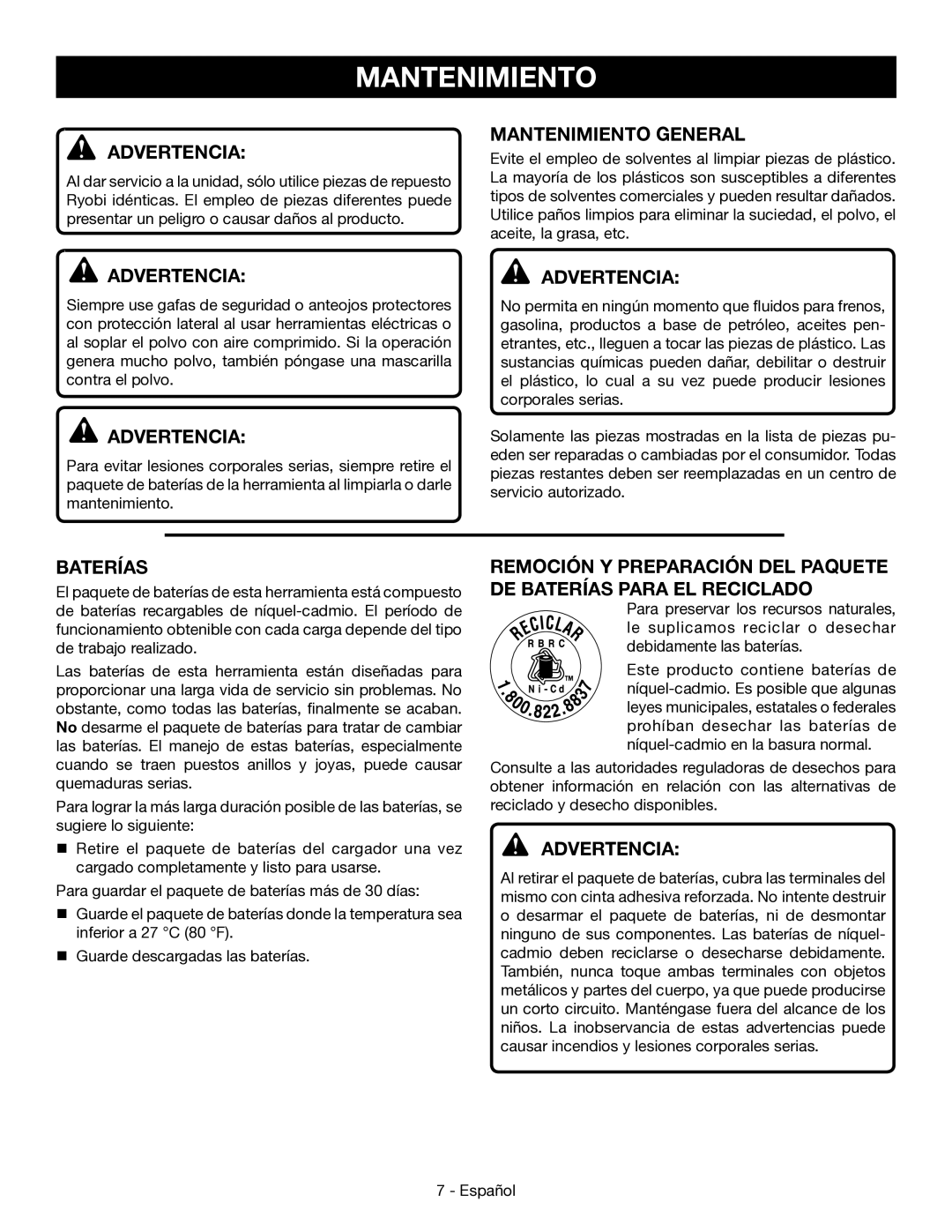 Ryobi P110 manuel dutilisation Mantenimiento General, BateríaS 