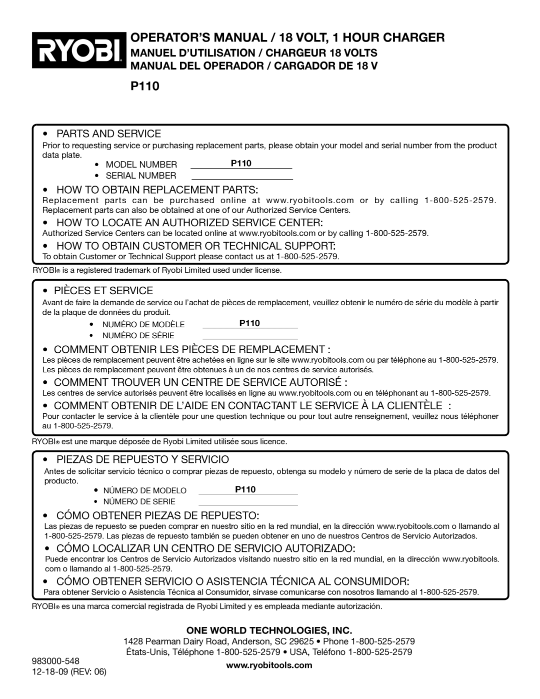 Ryobi P110 manuel dutilisation OPERATOR’S Manual / 18 VOLT, 1 Hour Charger, ONE World TECHNOLOGIES, INC 