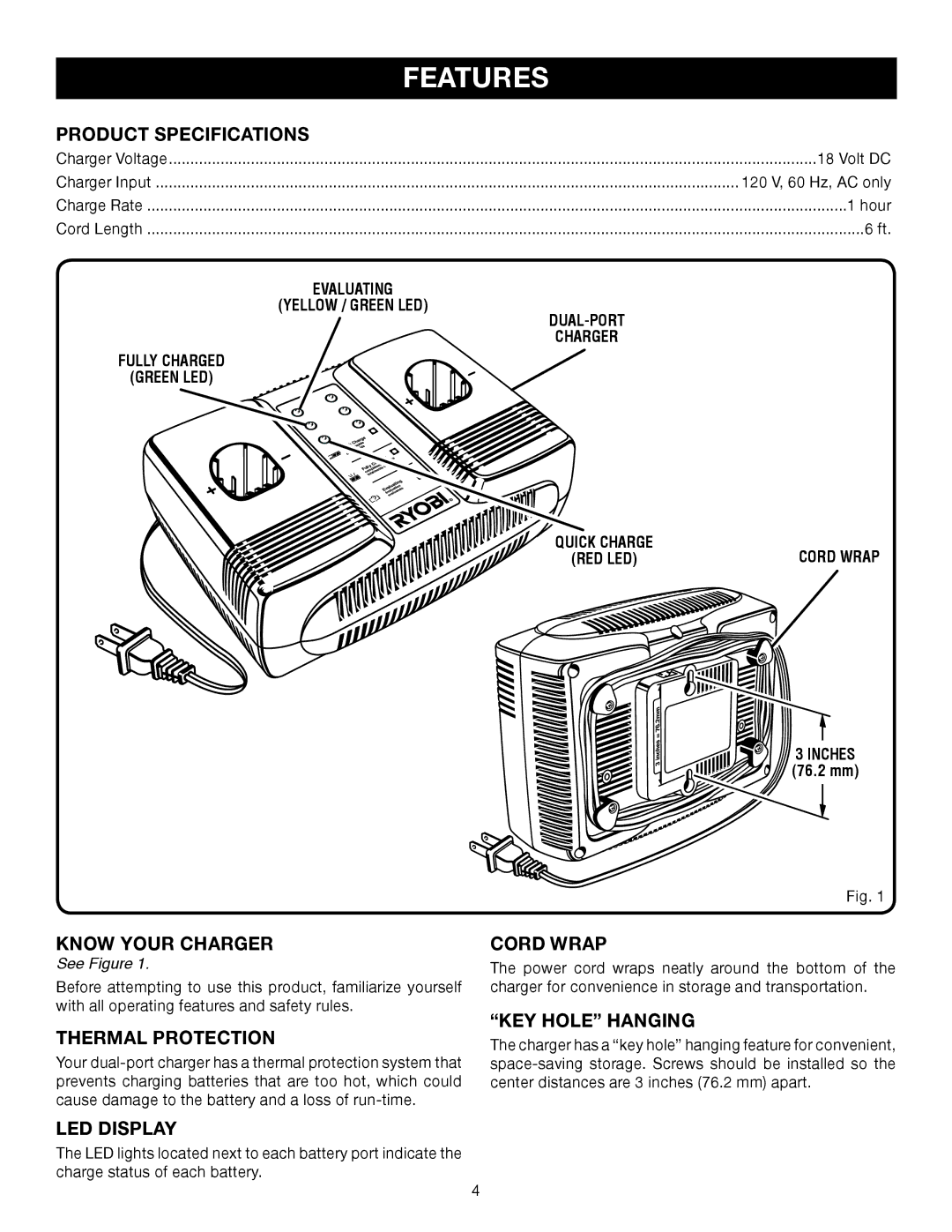 Ryobi P120 manual Features 