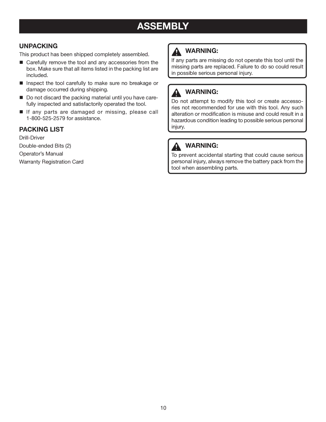 Ryobi P200 manual Assembly, Unpacking, Packing List 