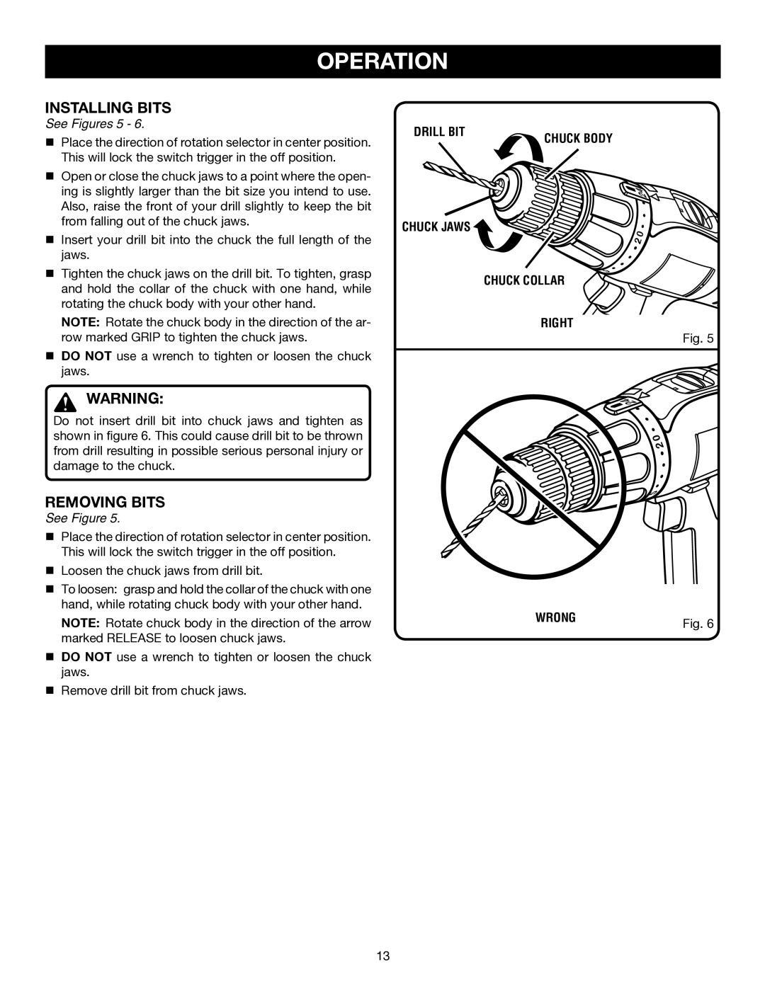 Ryobi P200 manual Installing Bits, Removing Bits, See Figures 5 