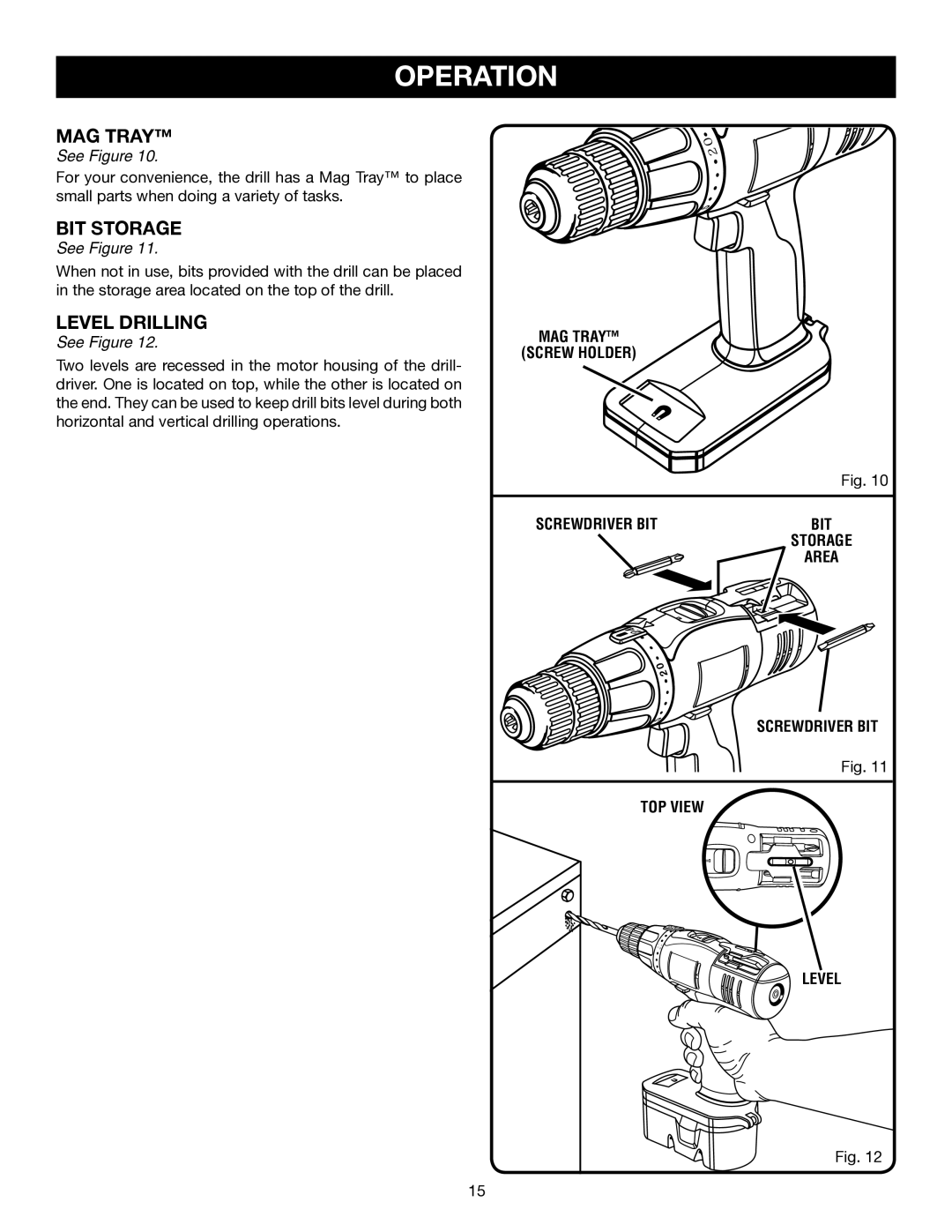 Ryobi P200 manual Level Drilling, MAG Tray Screw Holder Screwdriver BIT, Screwdriver BIT TOP View Level 