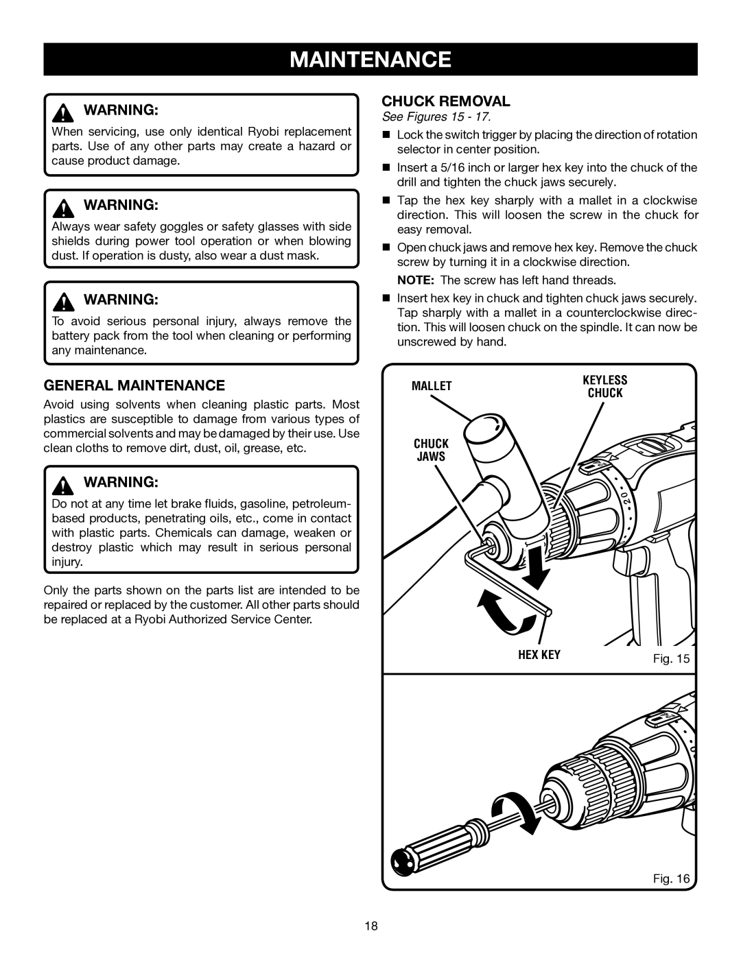 Ryobi P200 manual General Maintenance, Chuck Removal, See Figures 15, Hex Key 