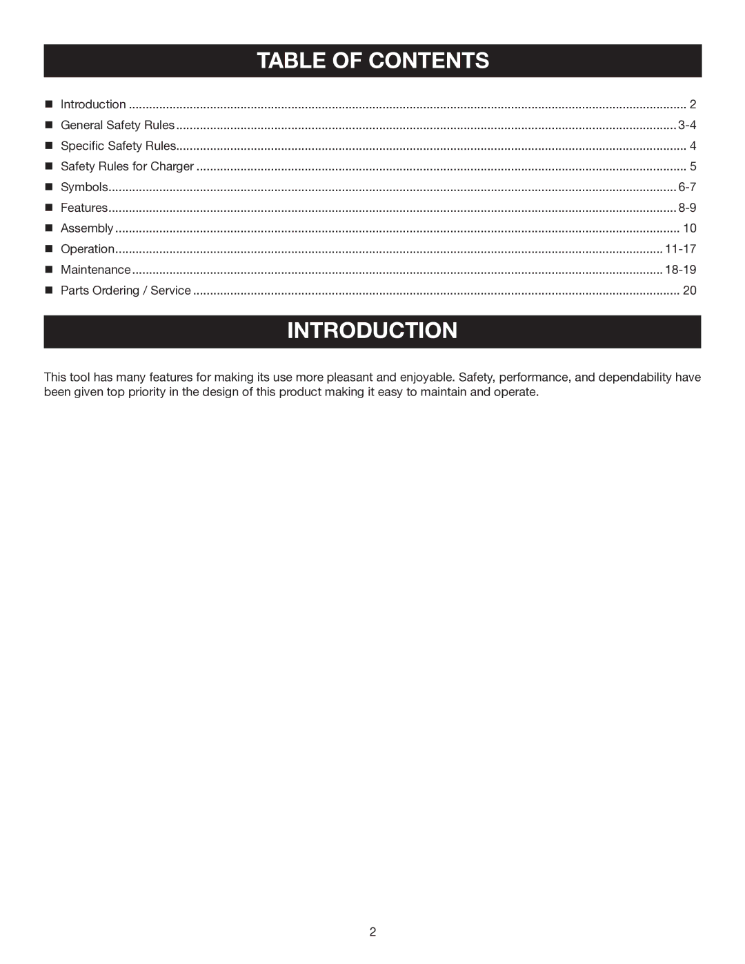 Ryobi P200 manual Introduction, Table of Contents 