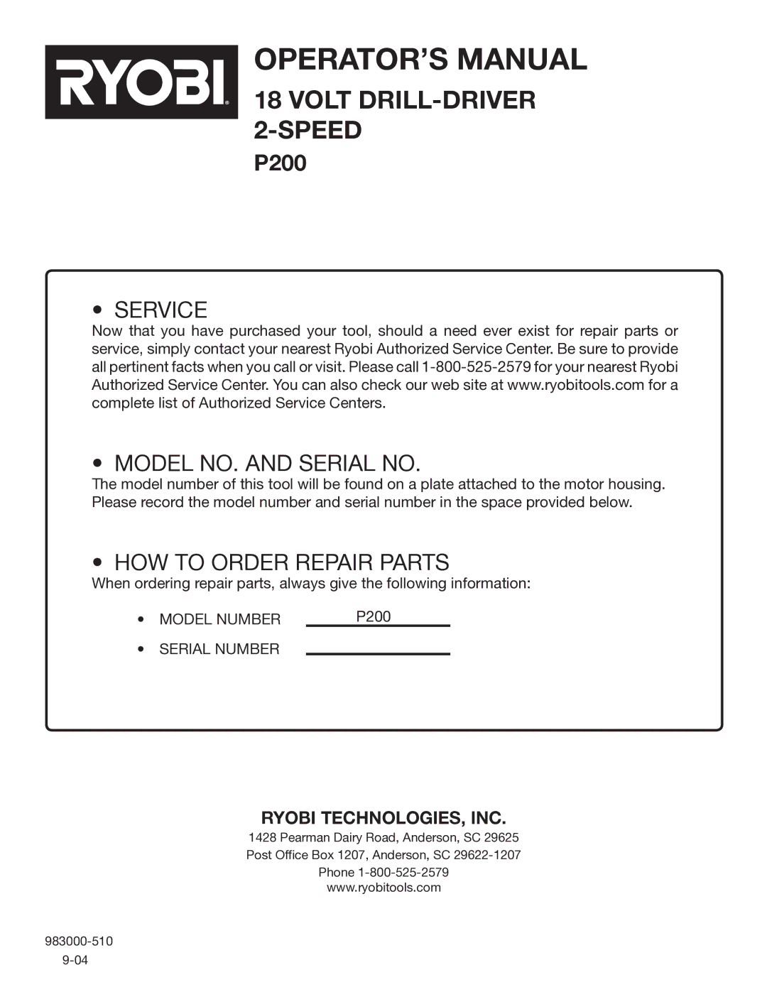 Ryobi P200 manual Service Model NO. and Serial no 