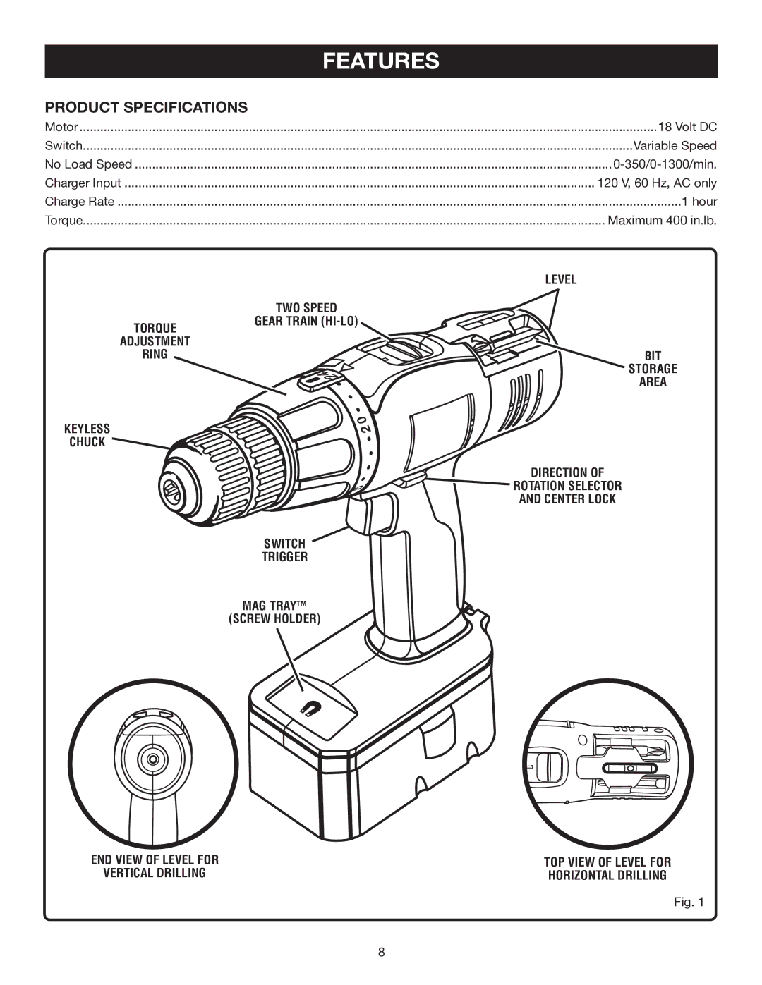 Ryobi P200 manual Features, Product Specifications 