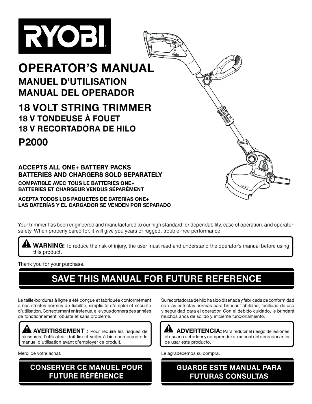 Ryobi P2000 manuel dutilisation OPERATOR’S Manual, Save this Manual for Future Reference 