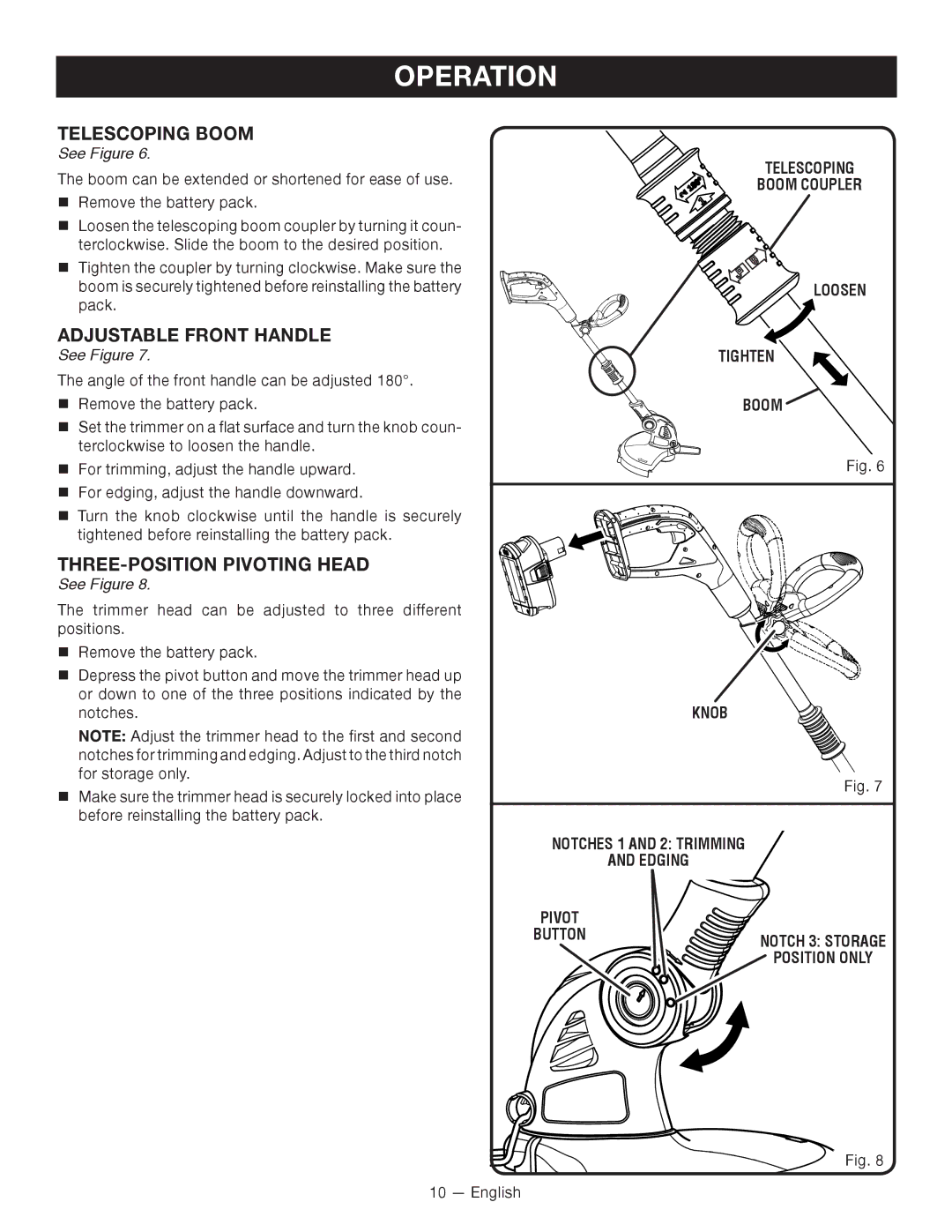 Ryobi P2000 Adjustable Front Handle, Telescoping Boom Coupler Loosen Tighten, Knob Notches 1 and 2 Trimming Edging 