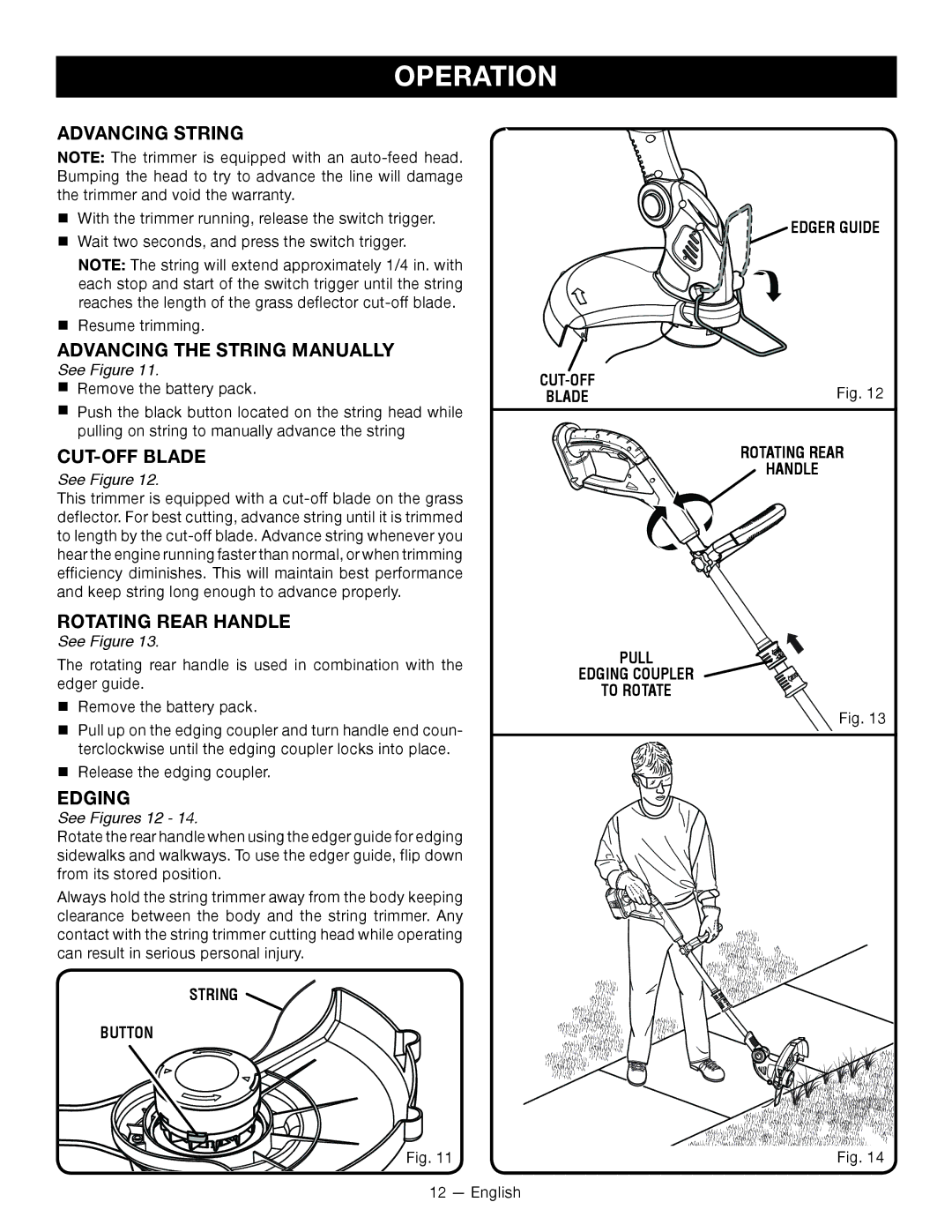 Ryobi P2000 Advancing String, Advancing the String Manually, CUT-OFF Blade, Rotating rear Handle, Edging 