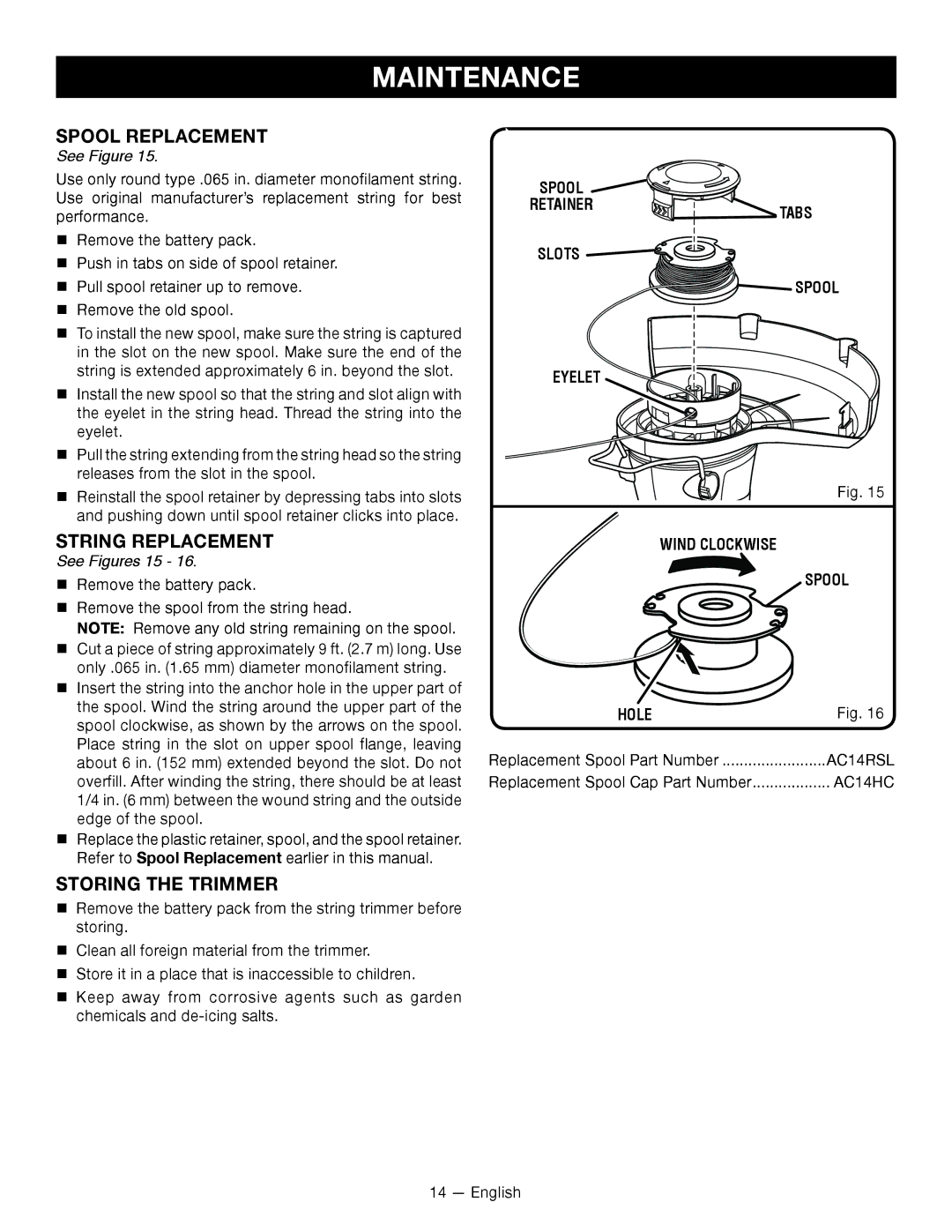 Ryobi P2000 manuel dutilisation Spool Replacement, String Replacement, STORing the trimmer, See Figures 15 