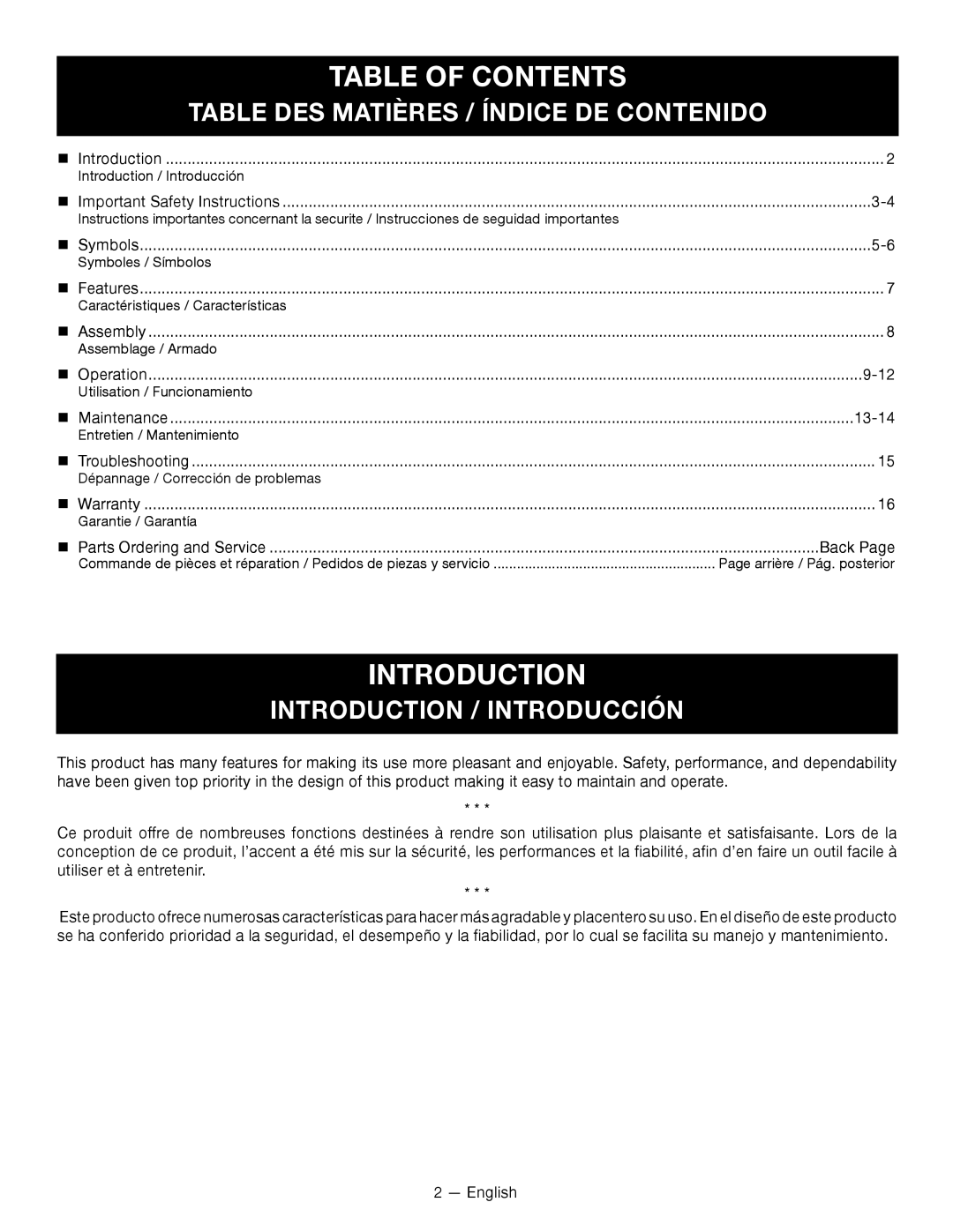 Ryobi P2000 manuel dutilisation Table of Contents 