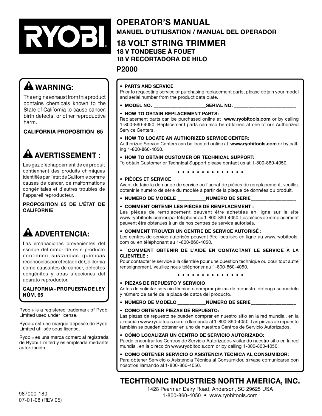 Ryobi P2000 manuel dutilisation Manuel D’UTILISATION / Manual DEL Operador, Tondeuse À Fouet, Recortadora de hilo 