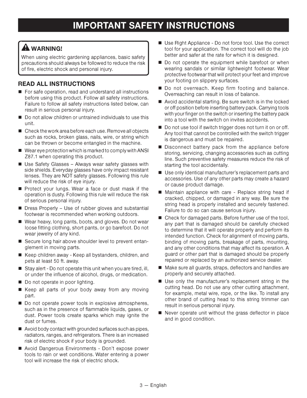 Ryobi P2000 manuel dutilisation Important Safety Instructions, Read all instructions 