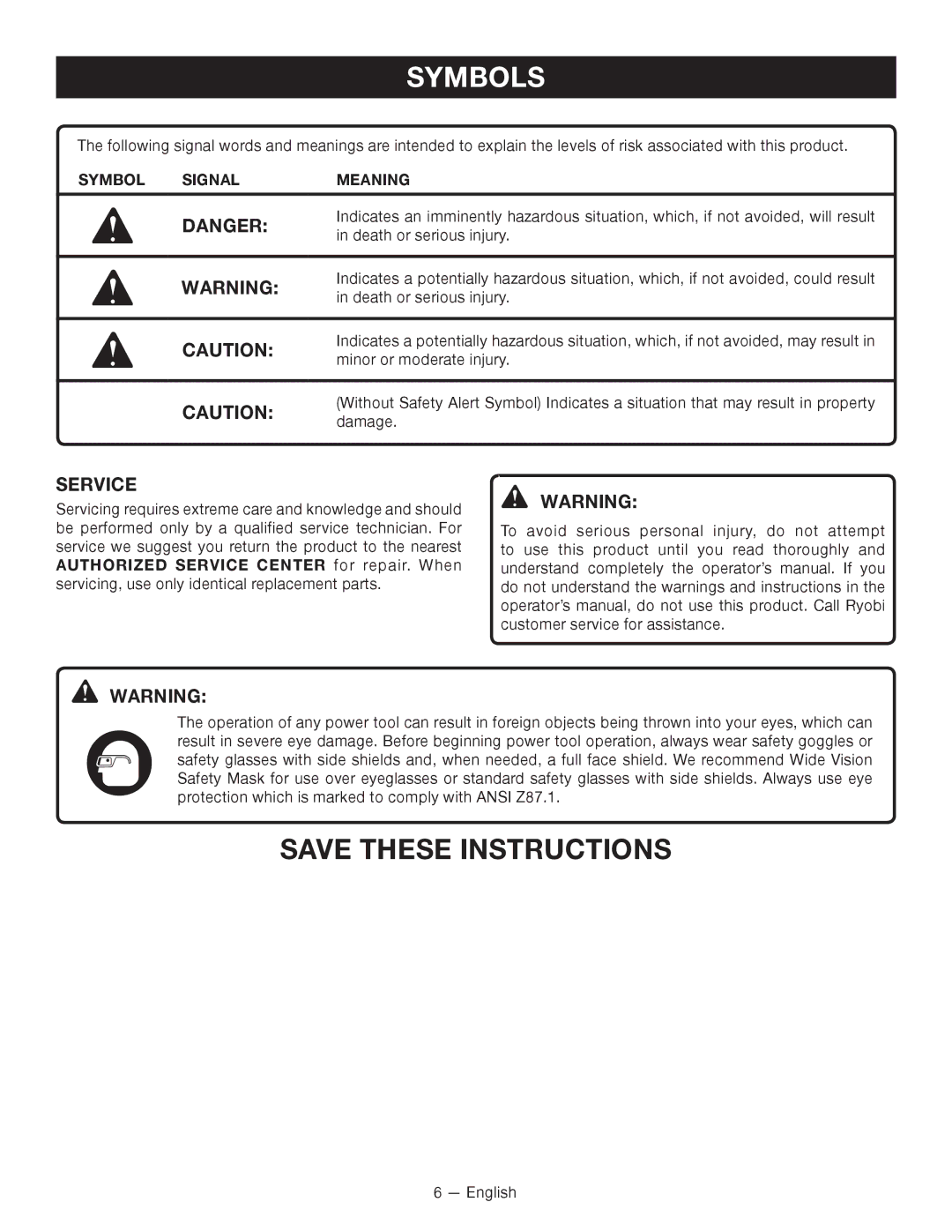 Ryobi P2000 manuel dutilisation Service, Symbol Signal Meaning 