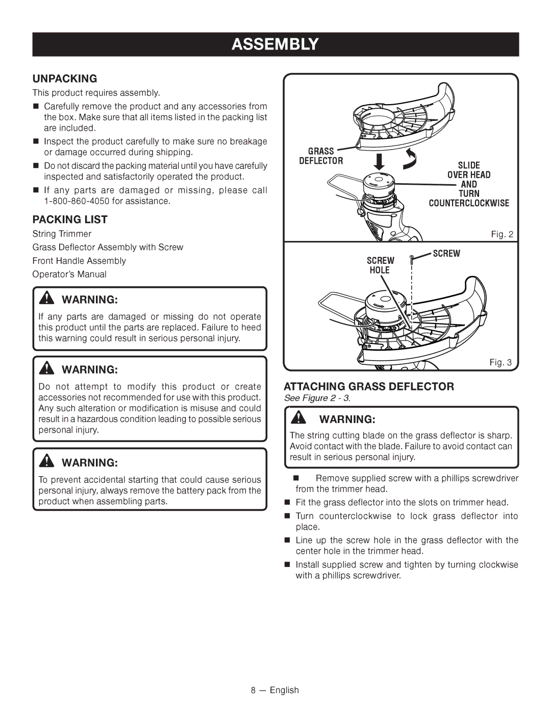 Ryobi P2000 manuel dutilisation Assembly, Unpacking, Packing List, Attaching Grass Deflector, See 