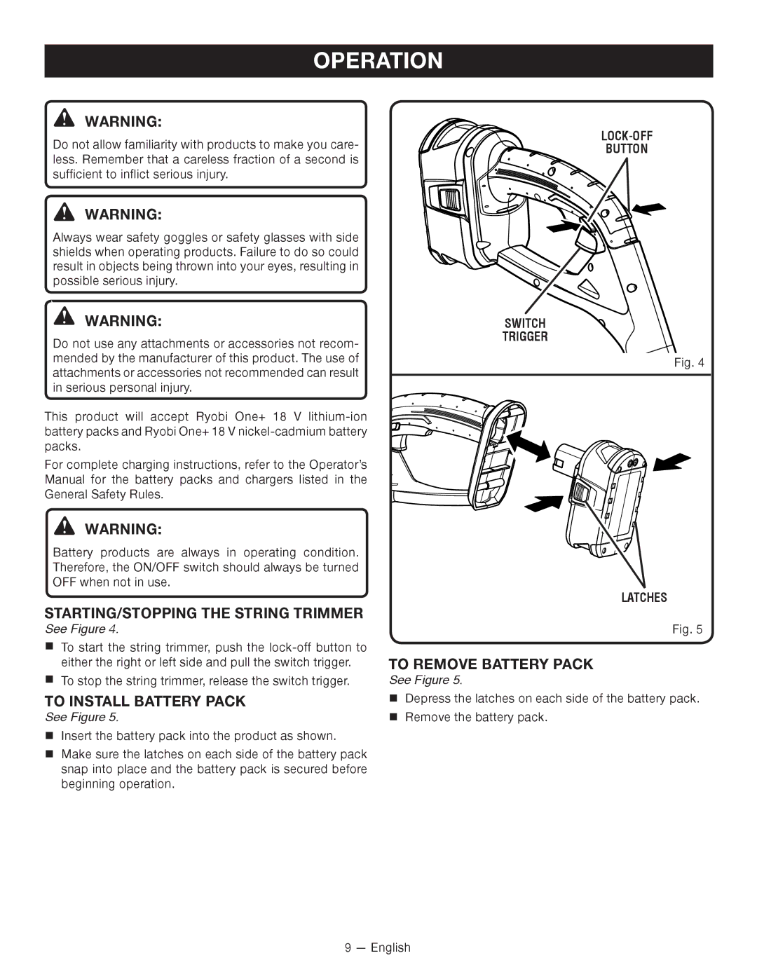 Ryobi P2000 Operation, Starting/stopping the string trimmer, TO Install Battery Pack, To Remove Battery Pack 