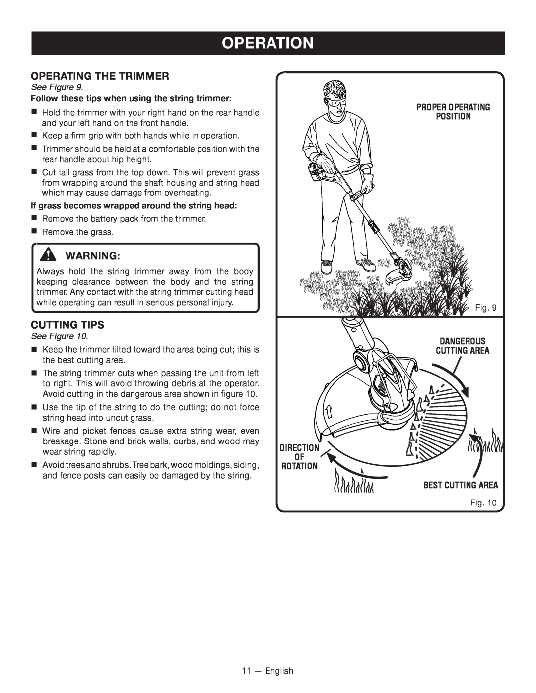 Ryobi P2000 manuel dutilisation Operation, See Figure, Follow these tips when using the string trimmer, direction, rotation 