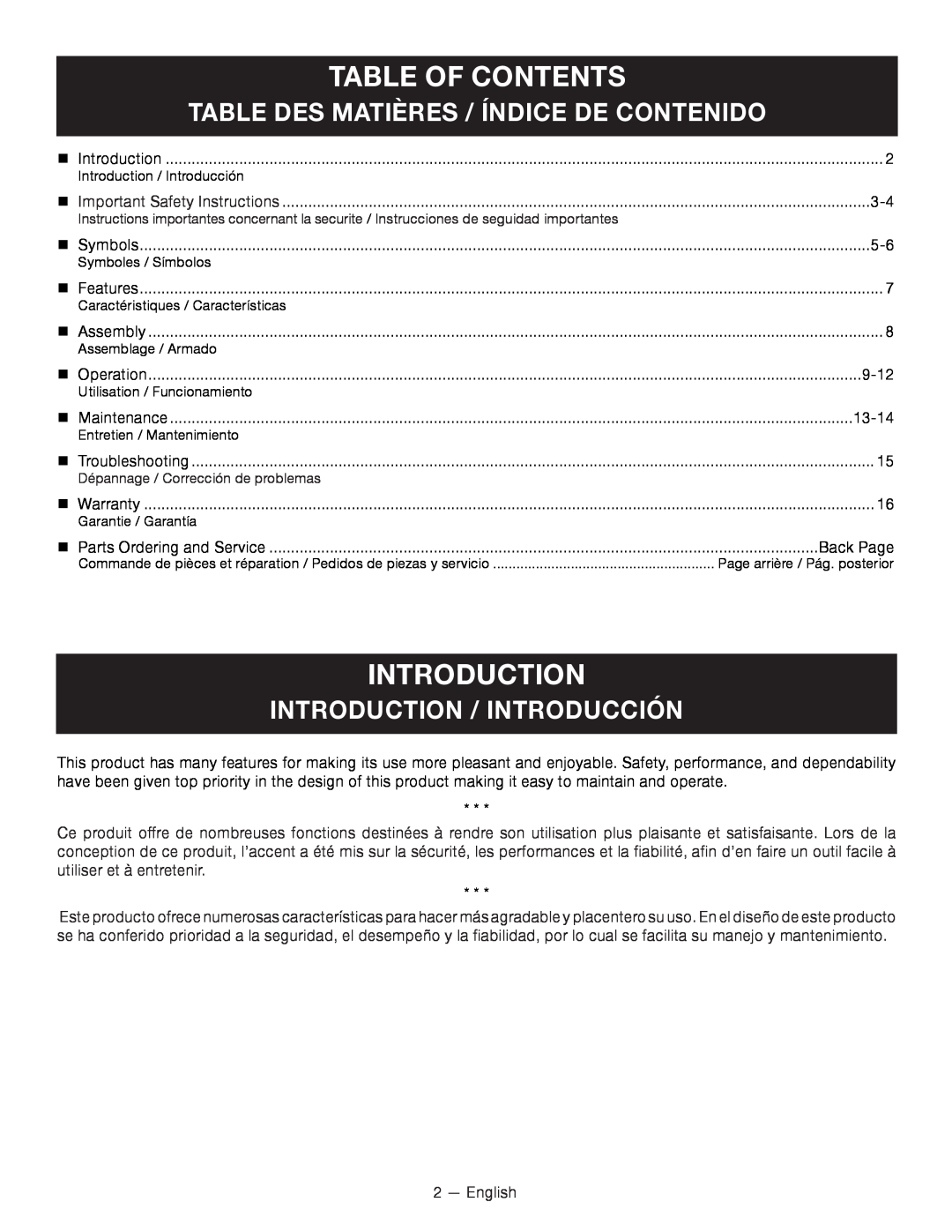 Ryobi P2000 Table Of Contents, introduction, Table Des Matières / Índice De Contenido, Introduction / Introducción 