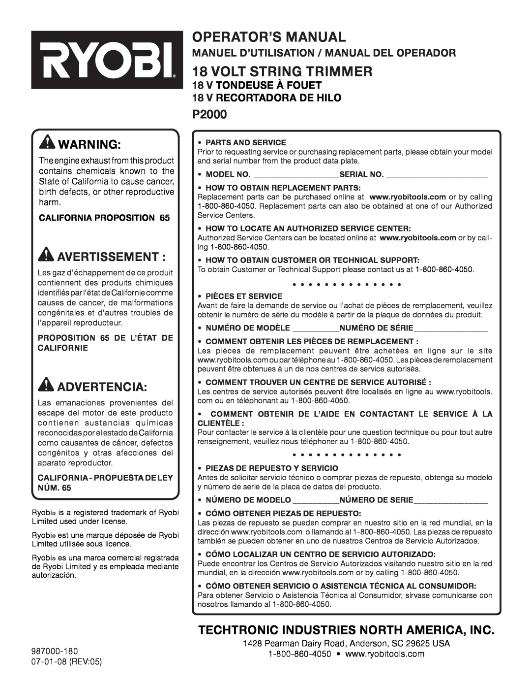 Ryobi P2000 Operator’S Manual, VOLT String Trimmer, Avertissement, Advertencia, Techtronic Industries North America, Inc 