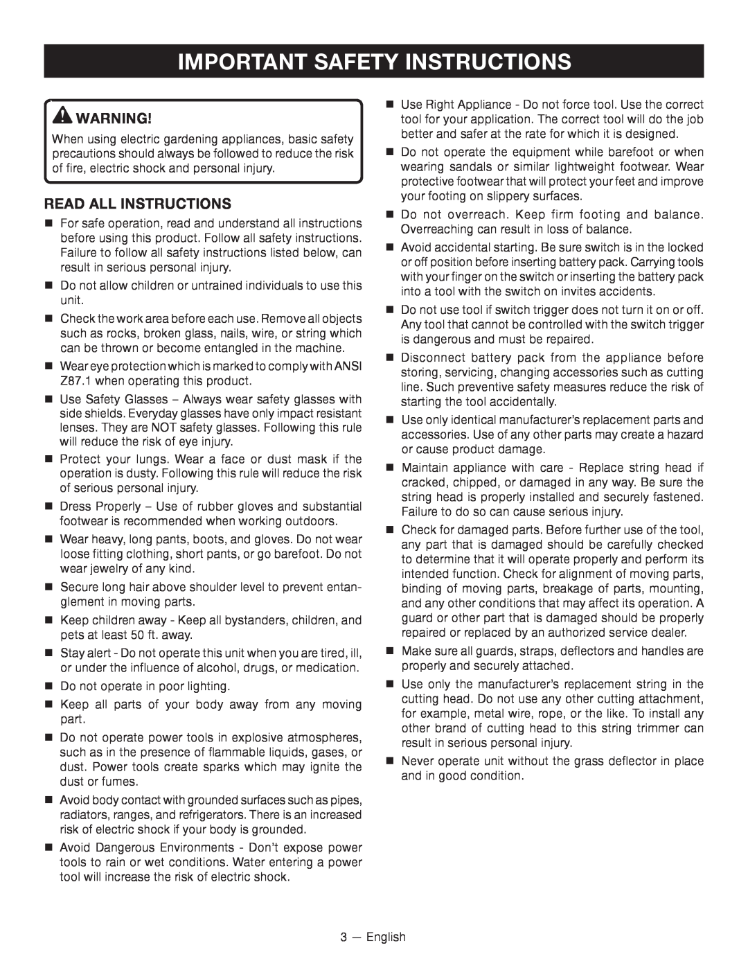 Ryobi P2000 manuel dutilisation Important Safety Instructions, read all instructions 