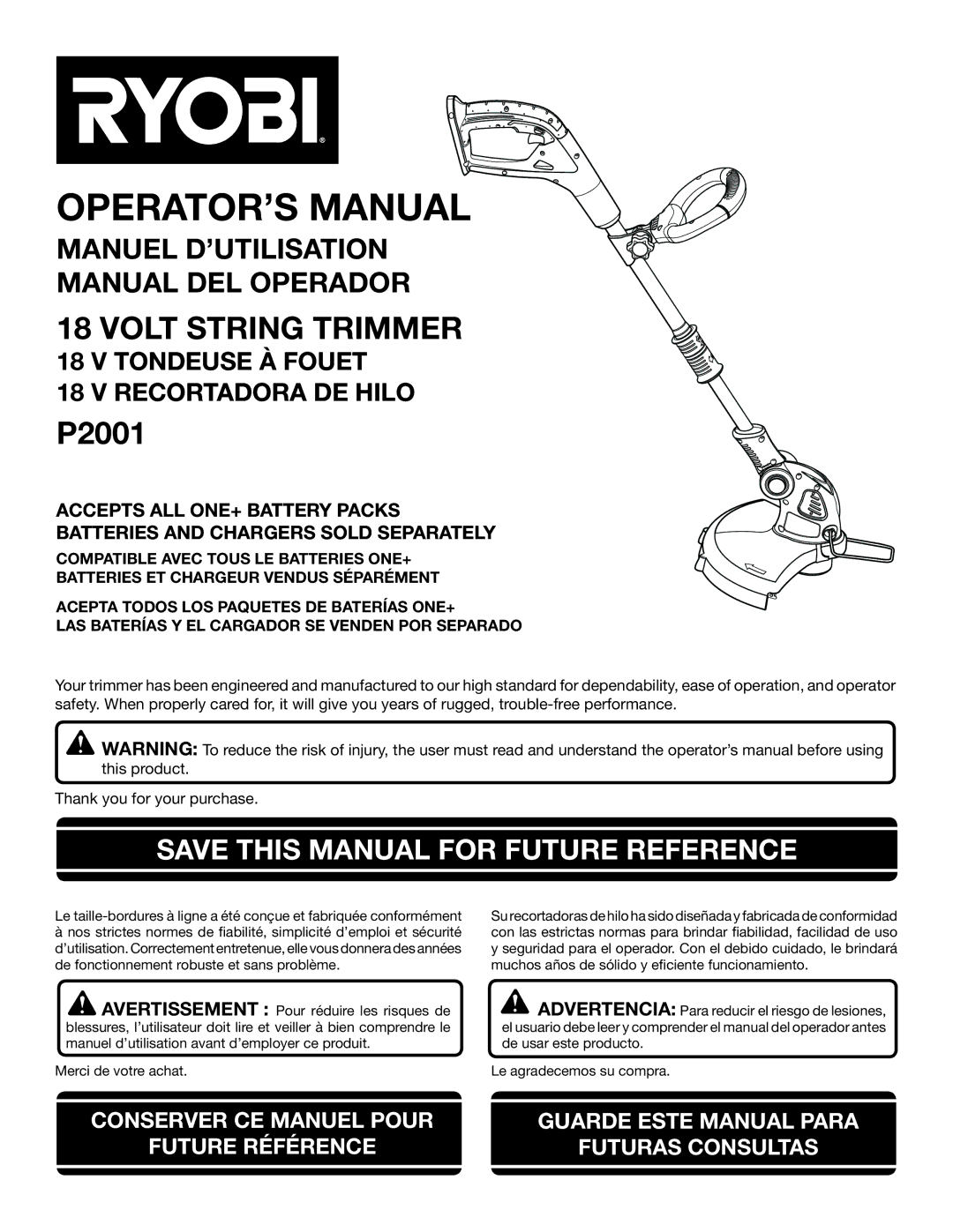 Ryobi P2001 manuel dutilisation OPERATOR’S Manual, Save this Manual for Future Reference 