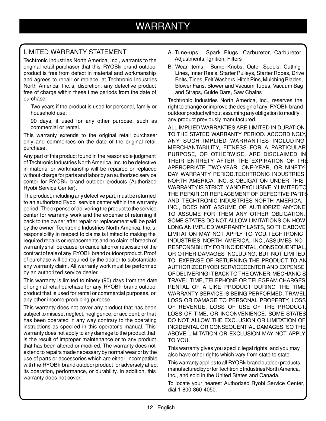 Ryobi P2001 manuel dutilisation Limited Warranty Statement 