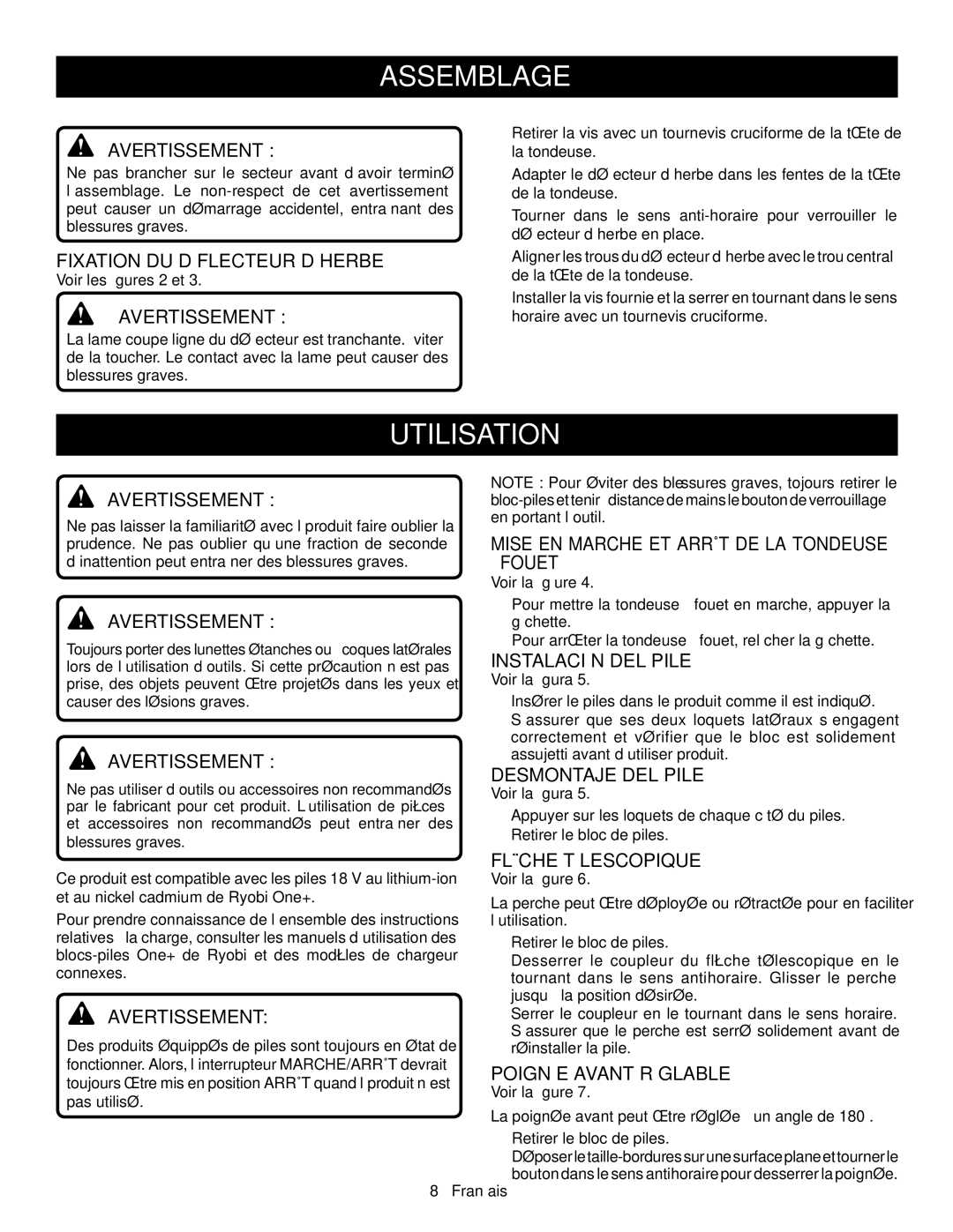 Ryobi P2001 manuel dutilisation Utilisation, Fixation DU Déflecteur D’HERBE, Mise EN Marche ET Arrêt DE LA Tondeuse À Fouet 