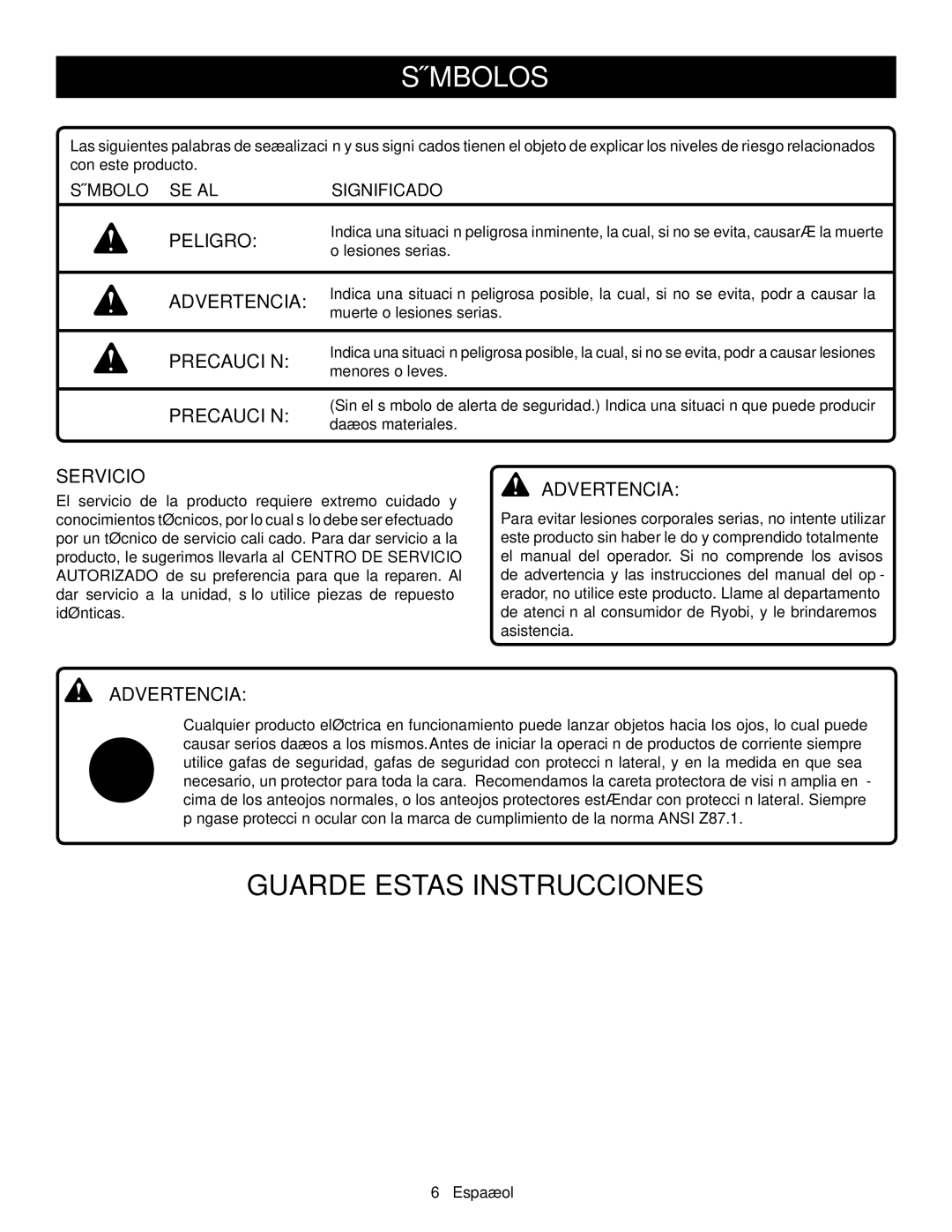 Ryobi P2001 manuel dutilisation Peligro, Precaución, Servicio 