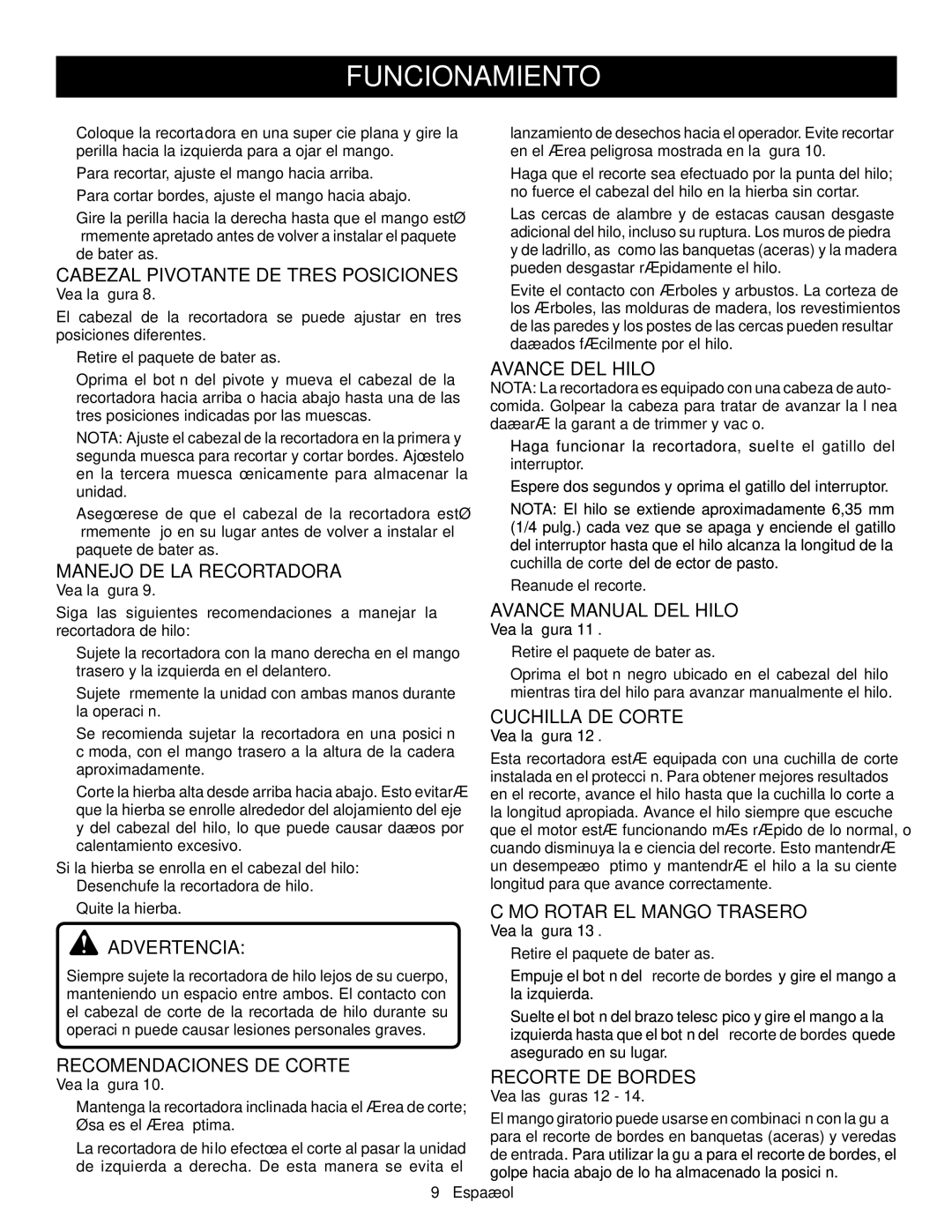 Ryobi P2001 Manejo DE LA Recortadora, Recomendaciones DE Corte, Avance DEL Hilo, Avance Manual DEL Hilo, Cuchilla DE Corte 