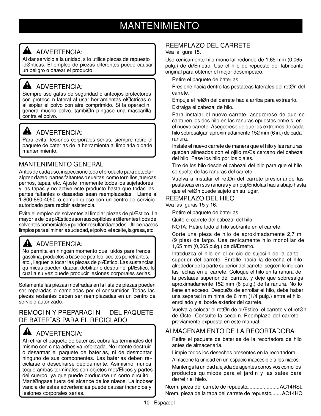 Ryobi P2001 manuel dutilisation Advertencia Reemplazo DEL Carrete, Mantenimiento General, Reemplazo DEL Hilo 