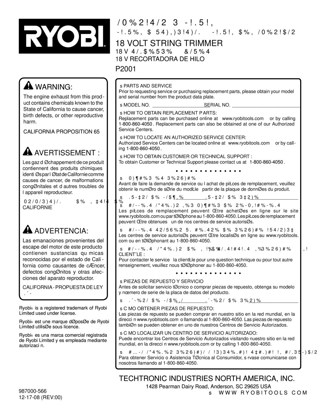 Ryobi P2001 manuel dutilisation Manuel D’UTILISATION / Manual DEL Operador, Tondeuse À Fouet, Recortadora de hilo 