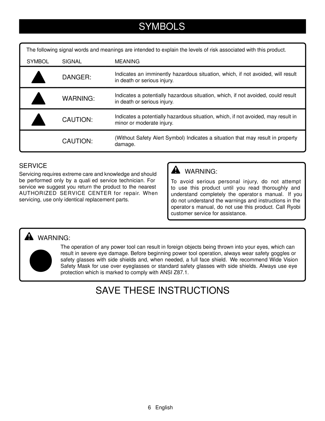 Ryobi P2001 manuel dutilisation Service, Symbol Signal Meaning 