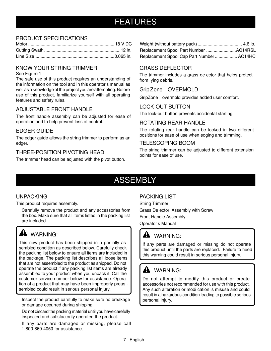 Ryobi P2001 manuel dutilisation Features, Assembly 