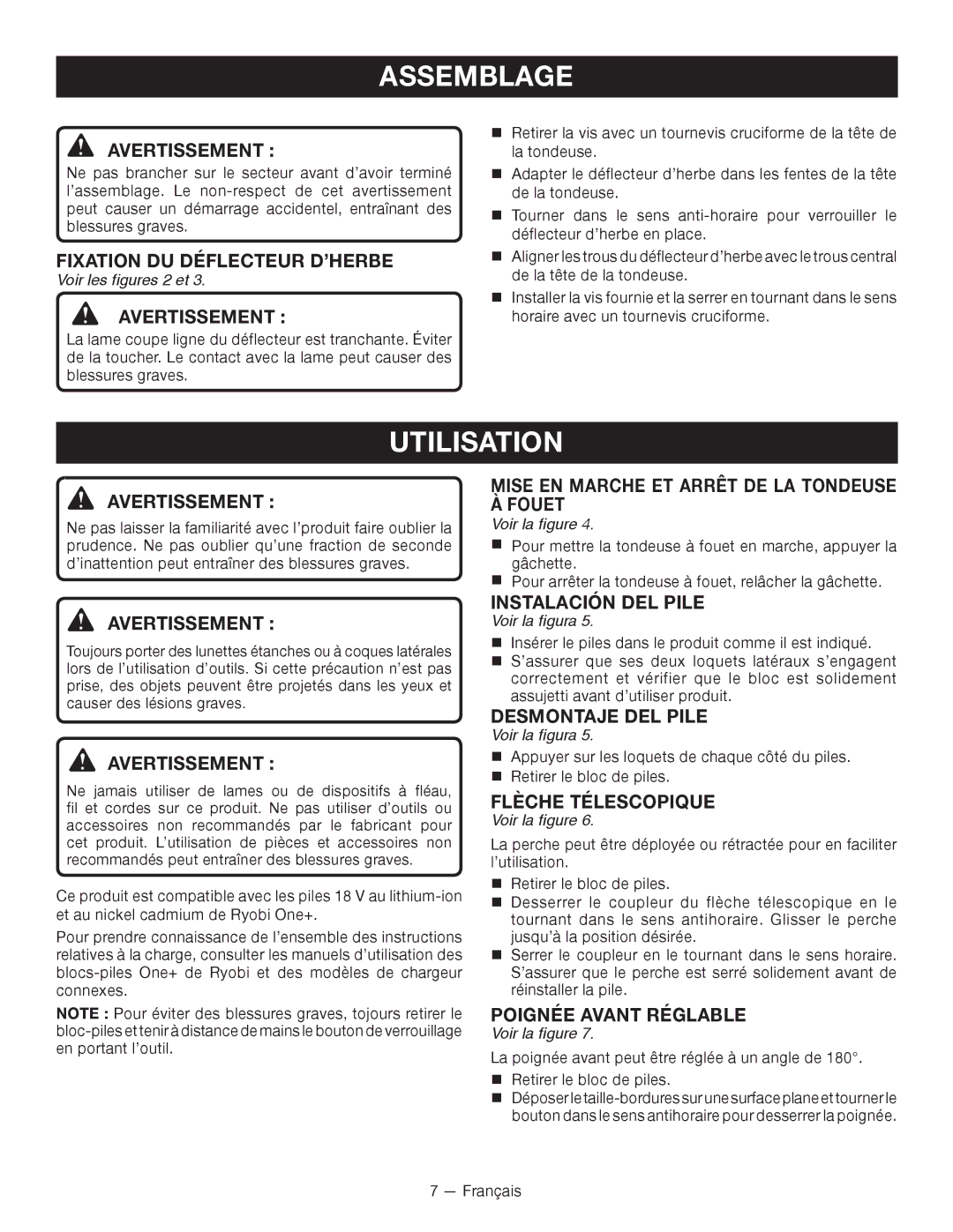 Ryobi P2002 manuel dutilisation Utilisation, Fixation DU Déflecteur D’HERBE, Mise EN Marche ET Arrêt DE LA Tondeuse À Fouet 