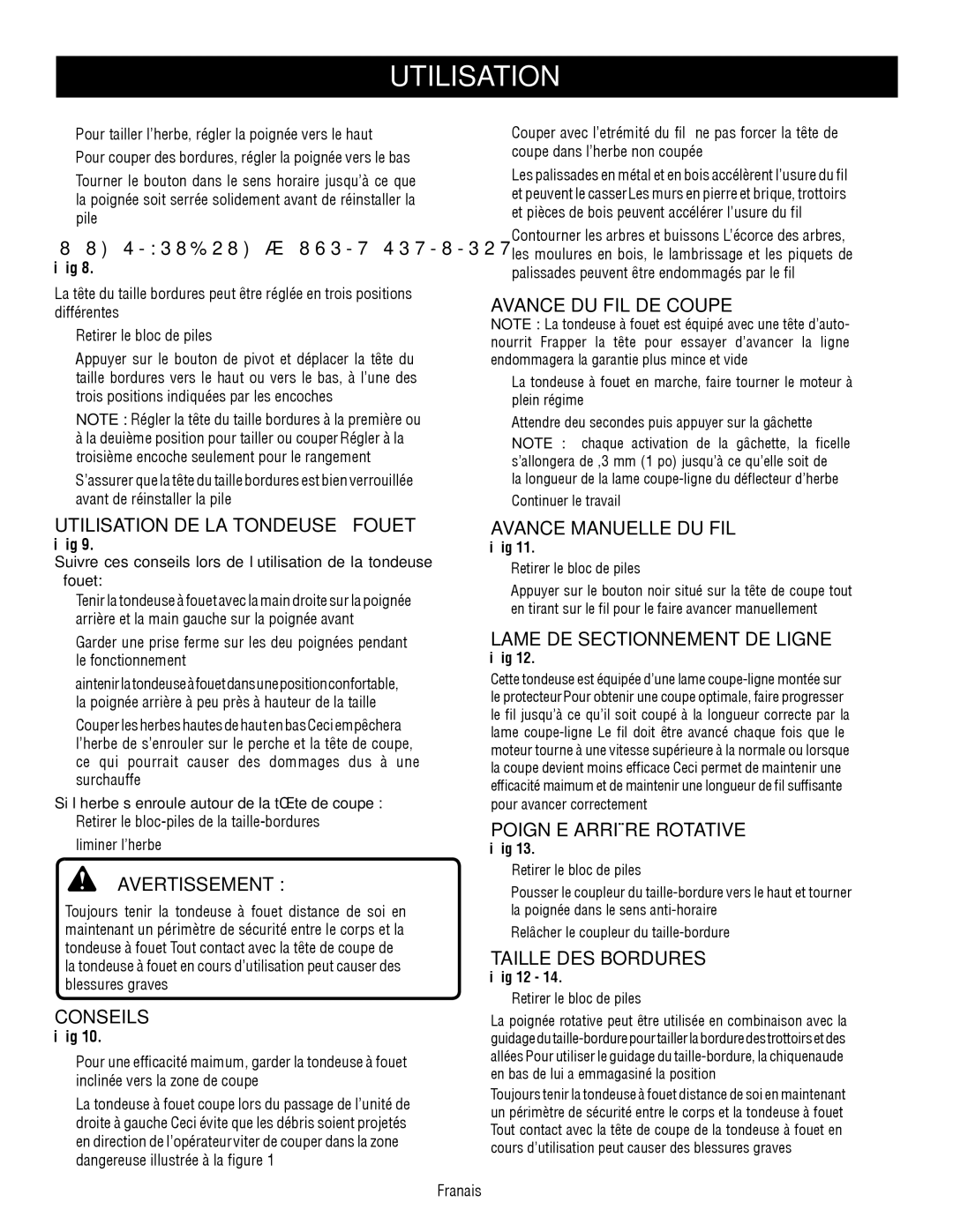 Ryobi P2002 Avance DU FIL DE Coupe, Utilisation DE LA Tondeuse À Fouet, Conseils, Avance Manuelle DU FIL 