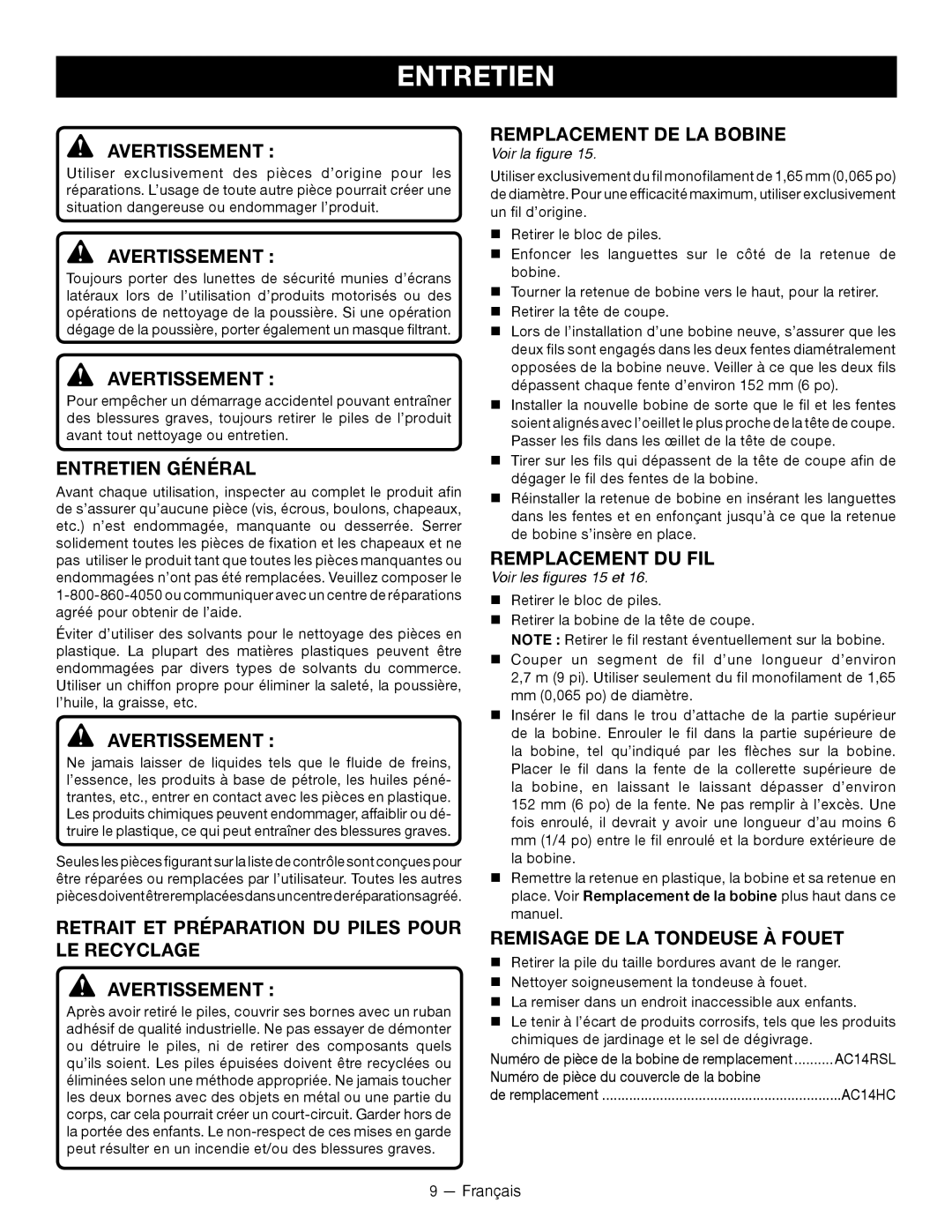 Ryobi P2002 manuel dutilisation Entretien Général, Remplacement DE LA Bobine, Remplacement DU FIL 