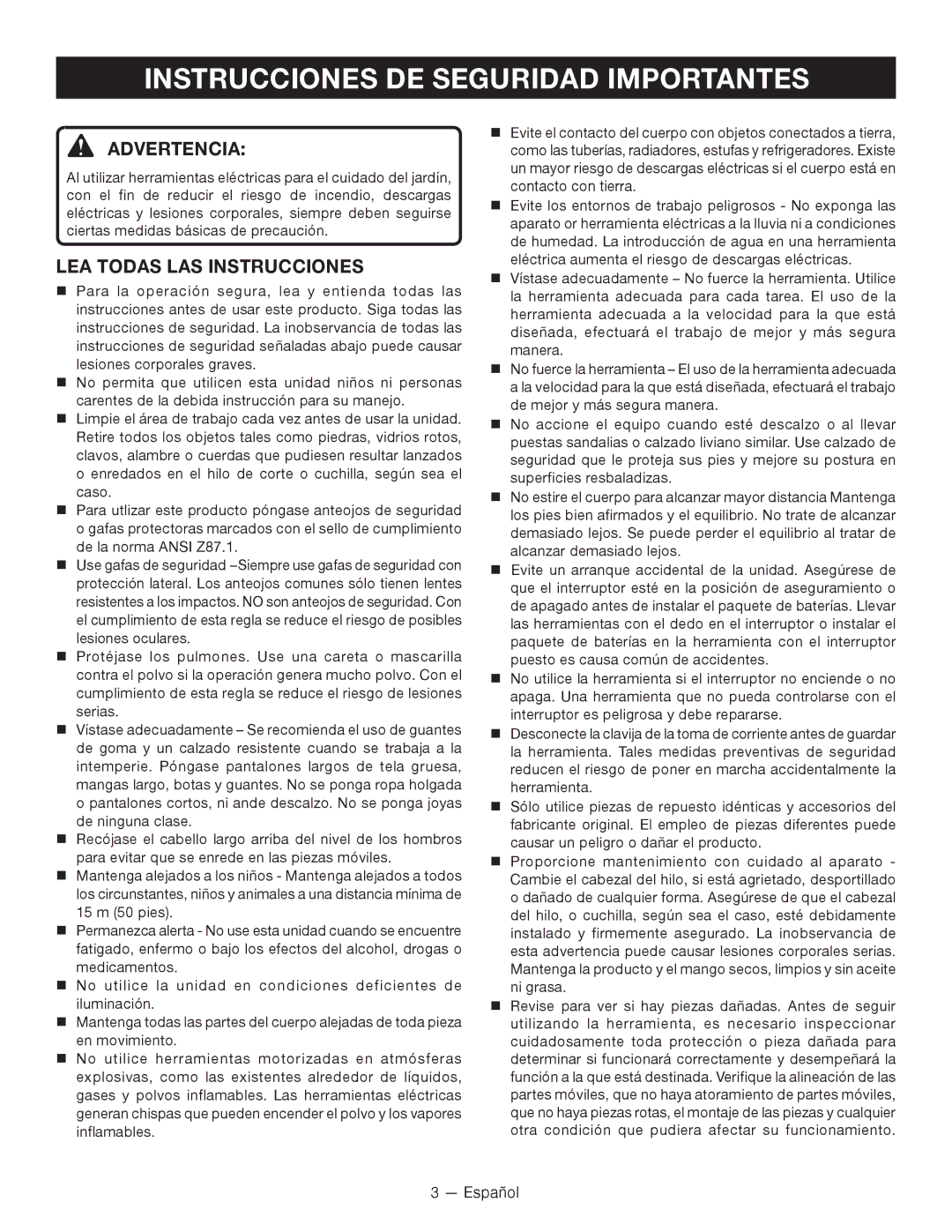 Ryobi P2002 manuel dutilisation Instrucciones DE Seguridad Importantes, Advertencia, Lea todas las instrucciones 