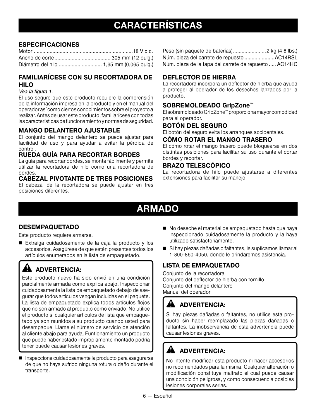 Ryobi P2002 manuel dutilisation Características, Armado 