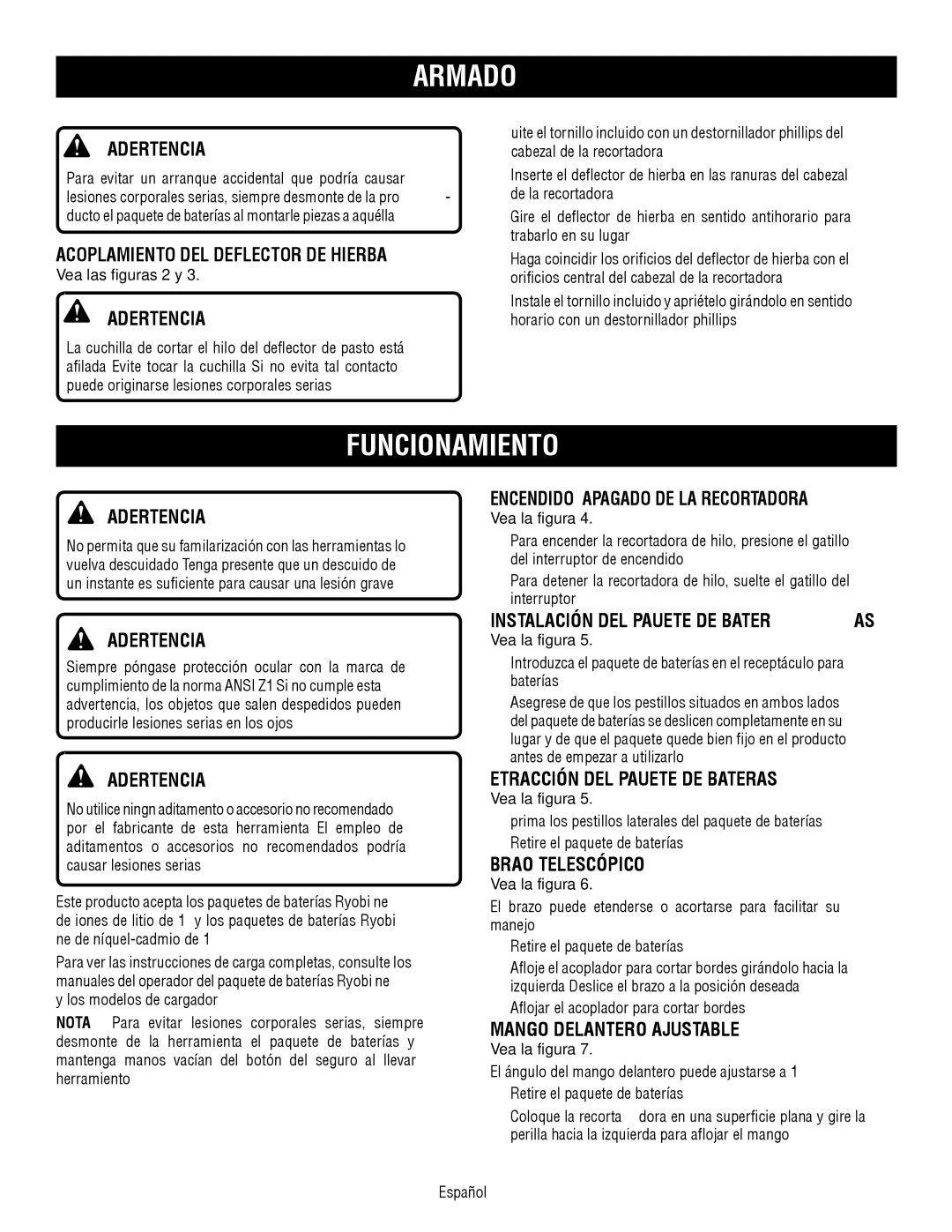 Ryobi P2002 manuel dutilisation Funcionamiento, Acoplamiento DEL Deflector DE Hierba, Encendido Y Apagado DE LA Recortadora 